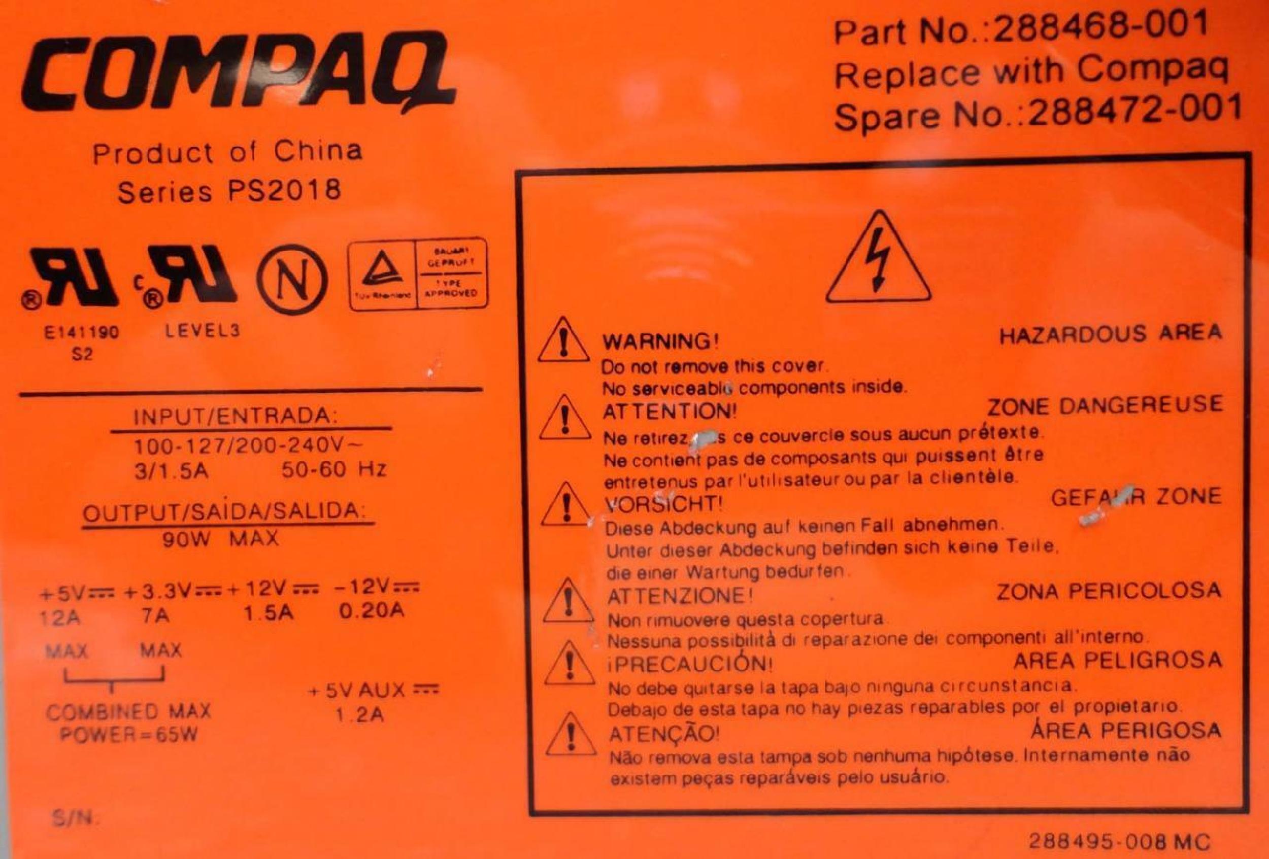 COMPAQ / HEWLETT PACKARD / HP 288472-001 90 WATT POWER SUPPLY DESKPRO EN SSF