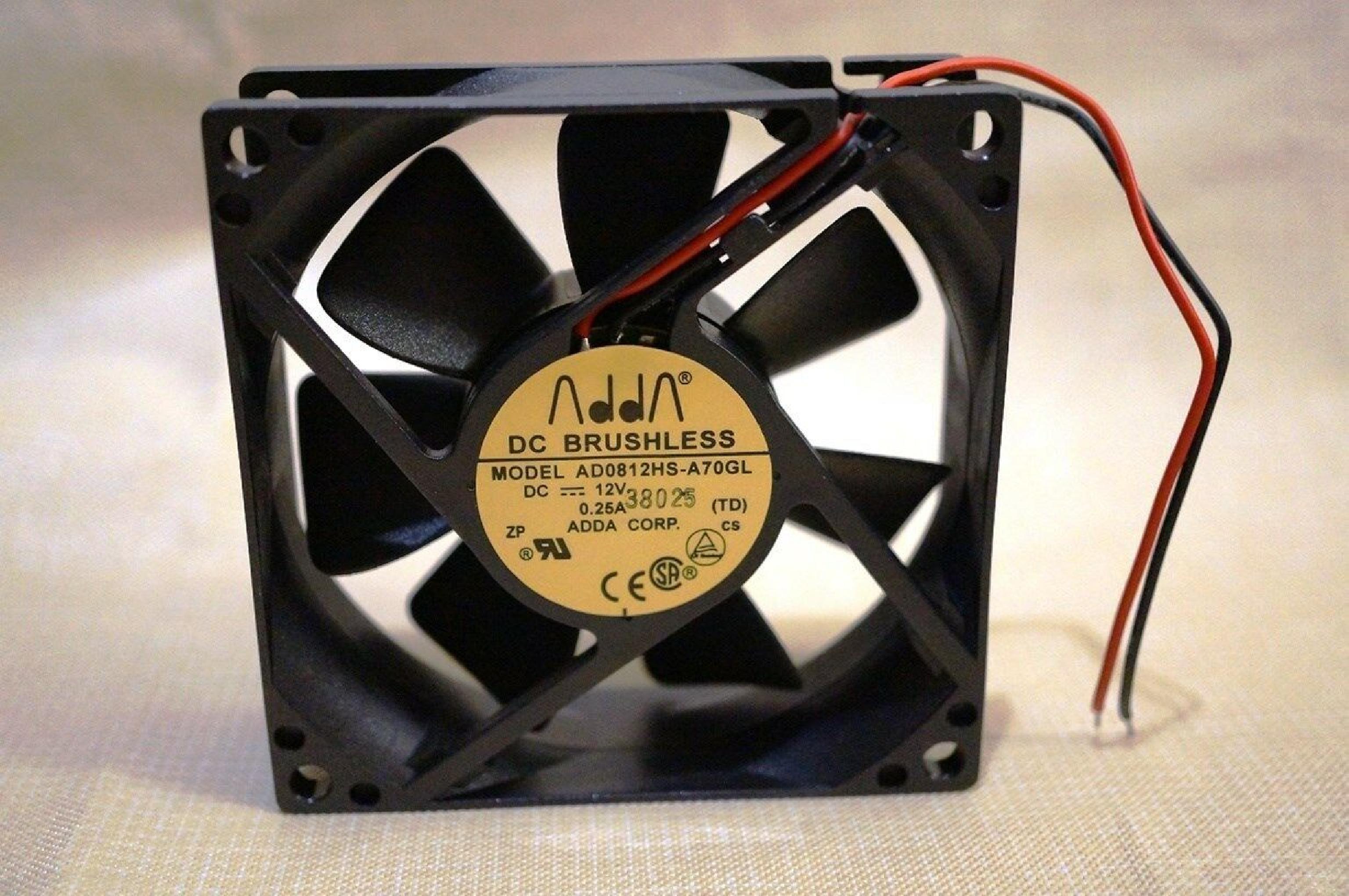 ADDA CORP. AD0812HS-A70GL 12VDC .25A FAN 80MM X 25MM WITH 2 WIRE CABLE AND 4 PIN MOLEX CONNECTOR