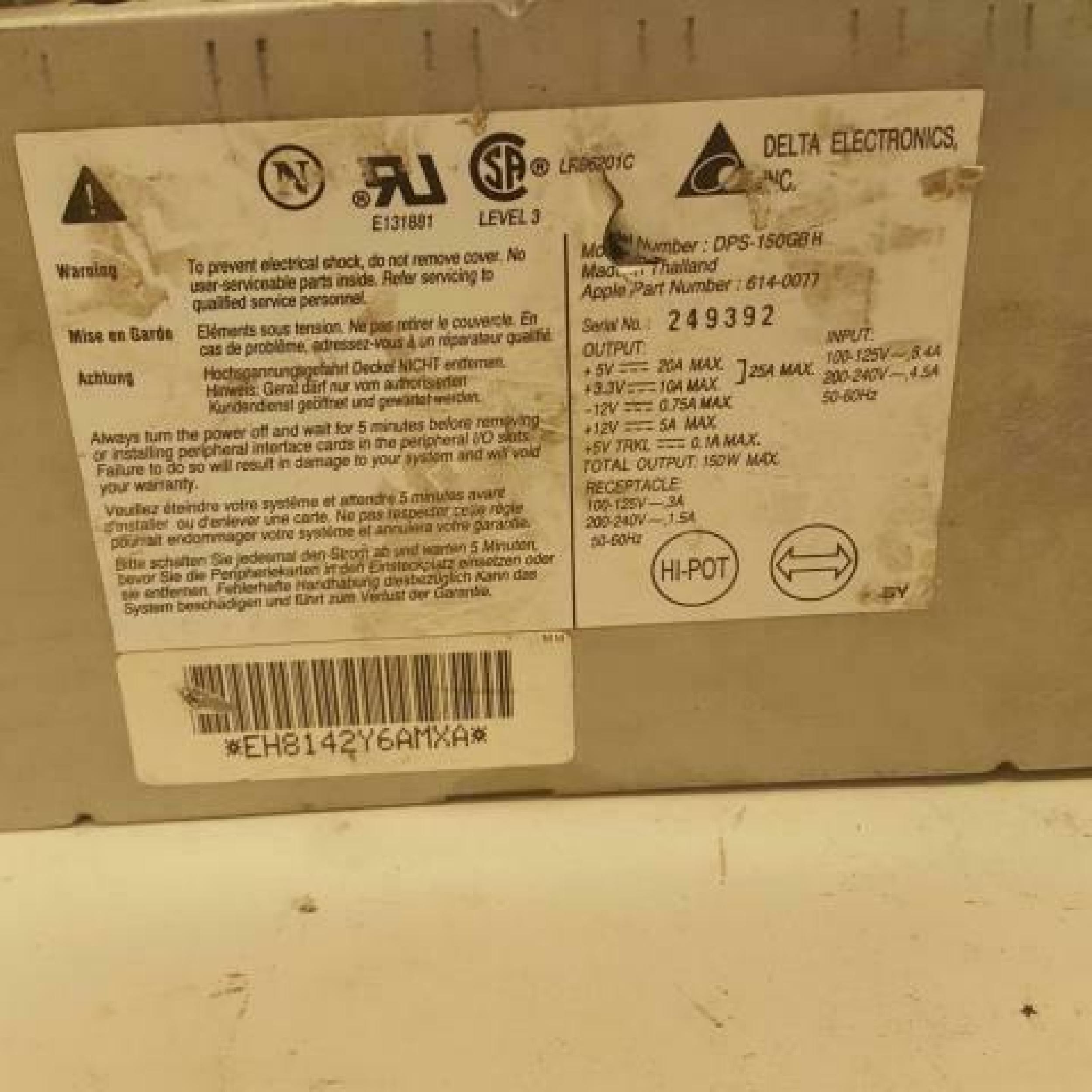 DELTA ELECTRONICS DPS-150GB POWER SUPPLY 150 WATT PULLED FROM APPLE M3548 COMPUTER SYSTEM