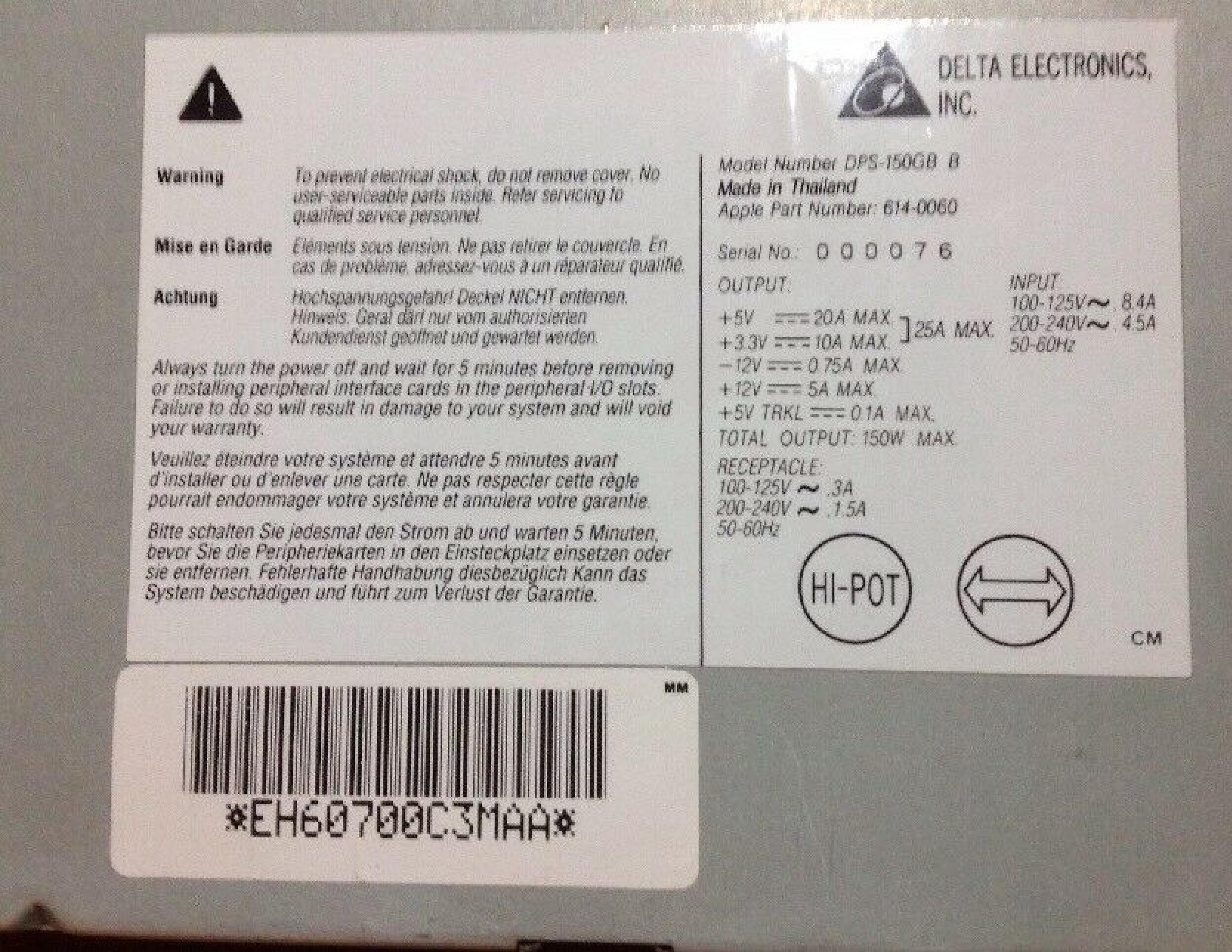 DELTA ELECTRONICS DPS-150GB POWER SUPPLY 150 WATT PULLED FROM APPLE M3548 COMPUTER SYSTEM