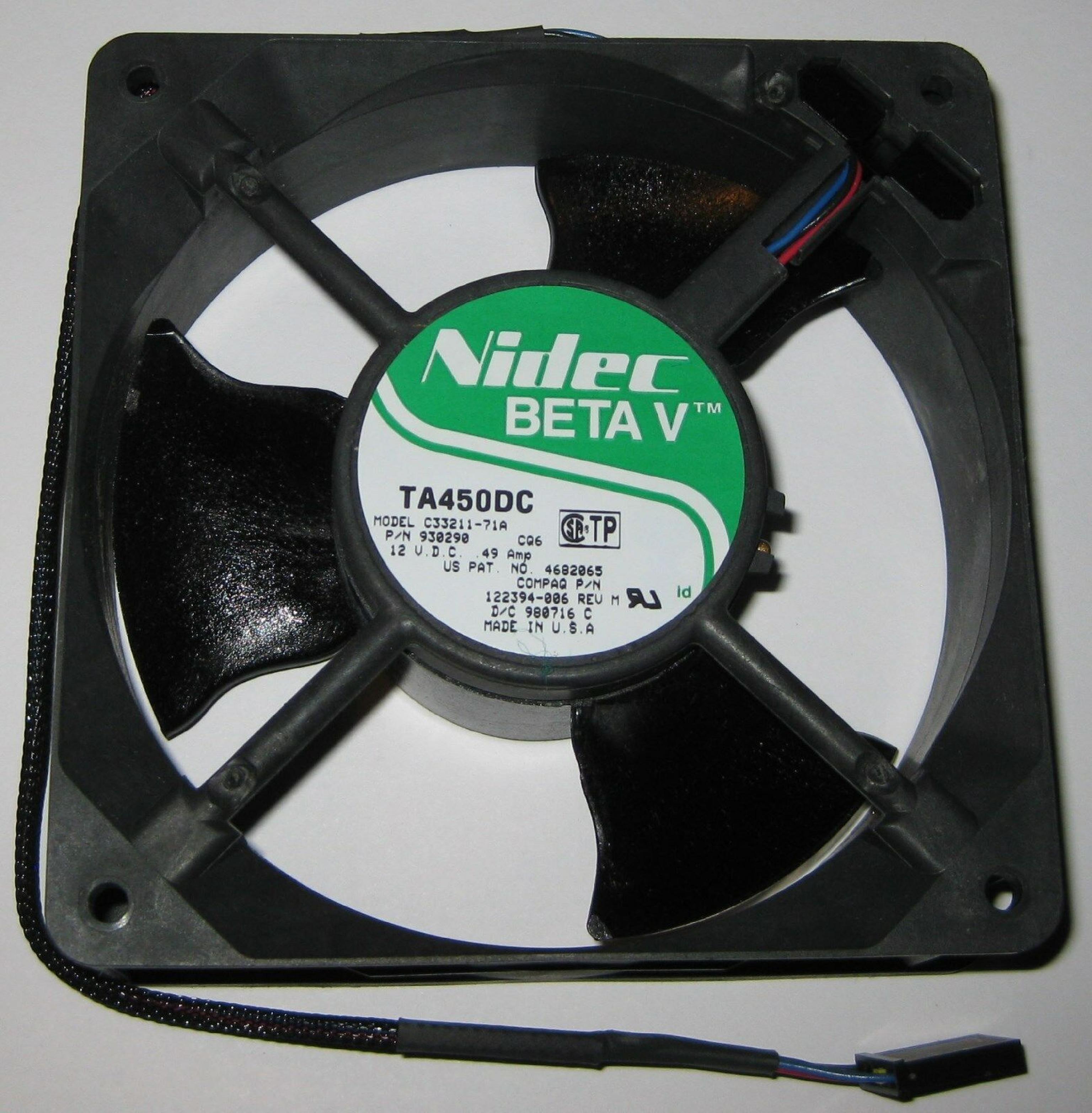 NIDEC / HEWLETT PACKARD / HP / BETA / DELL TA450DC V 12VDC .28AMP FAN FOR 3000069-0010 / 3000060-0010 12V DC 4 11/16 BY 1 1/2 INCHES WITH 6 INCH CABLE, 5 PIN COMPAQ CONNECTOR PN 930297 .49A 120MM 38NN, 5/8 INCHES, 12 3 WIRE CABLE (3 CUT 12VDC/0.31AMP) NETSERVER LX PRO LXE ETC 120X120X38MM 0