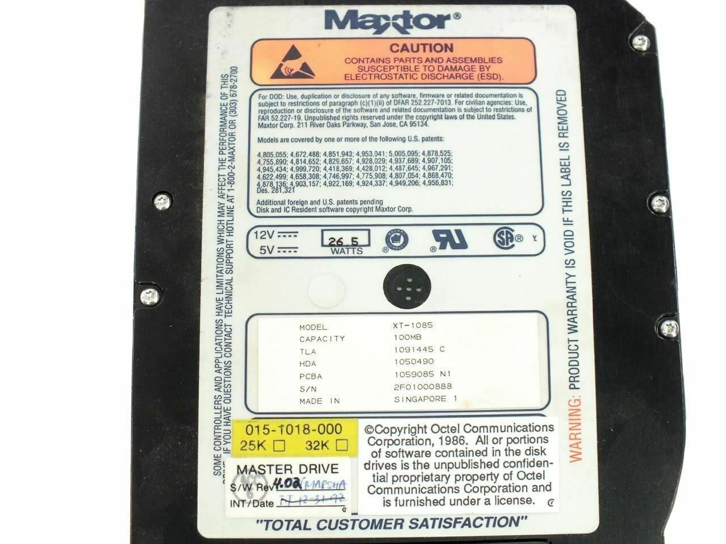MAXTOR XT-1085 REPAIRD AND TESTED,71MB MFM HARD DRIVE FULL HEIGHT ST412/506 5.25