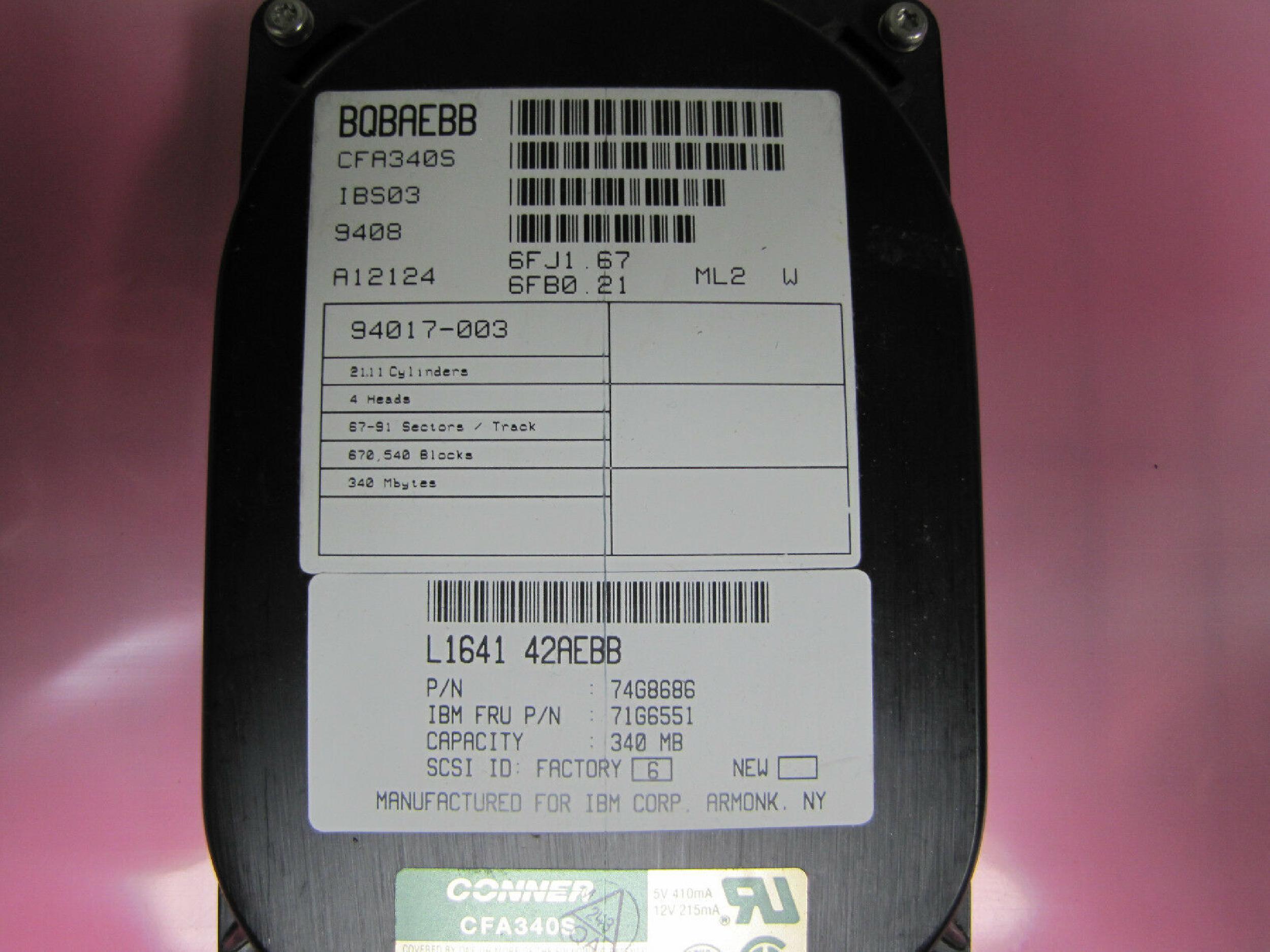IBM 74G8686 CONNER IDE HARD DRIVE 3.5 INCH 340MB