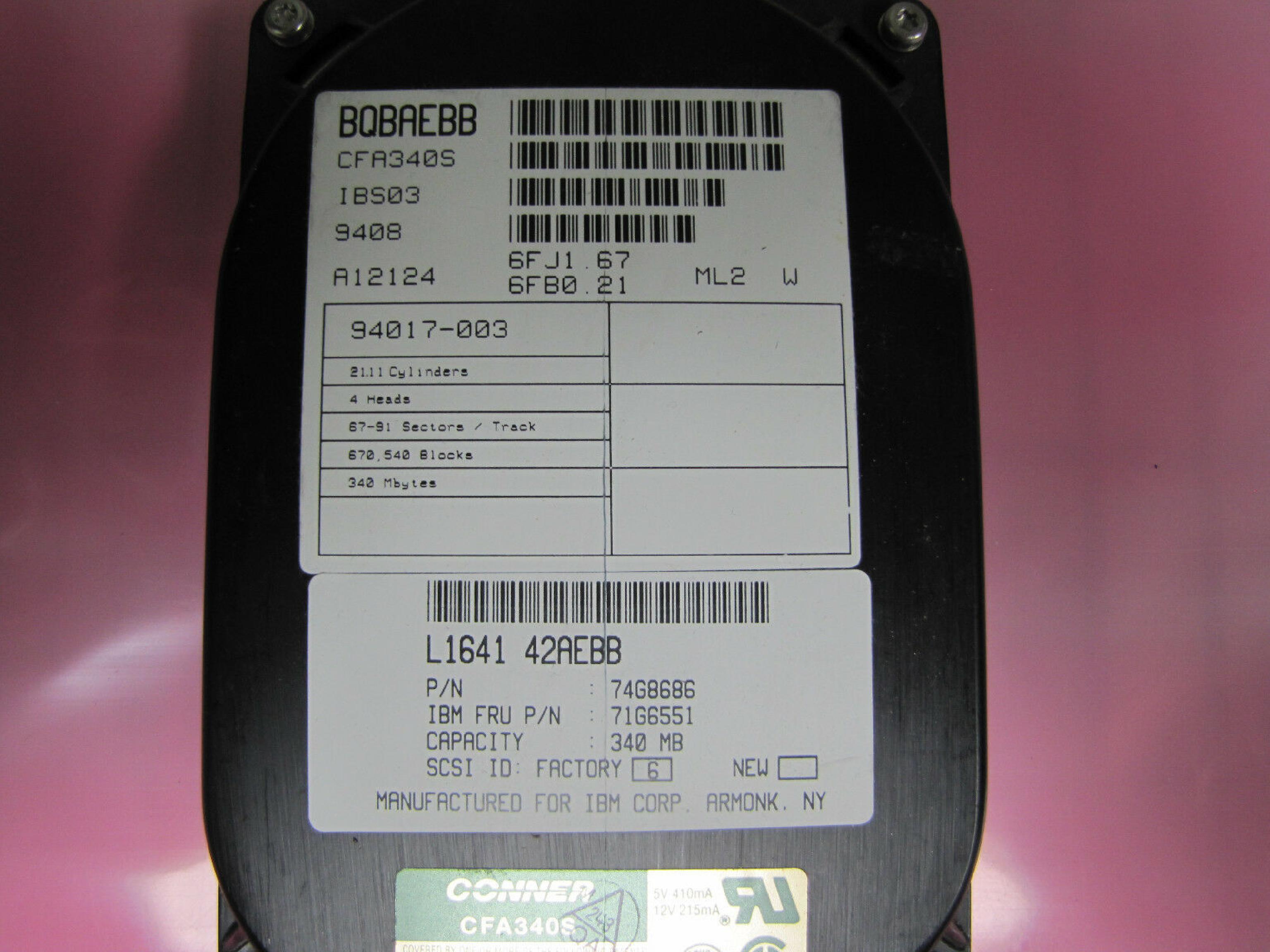 IBM 71G6551 CONNER IDE HARD DRIVE 3.5 INCH 340MB