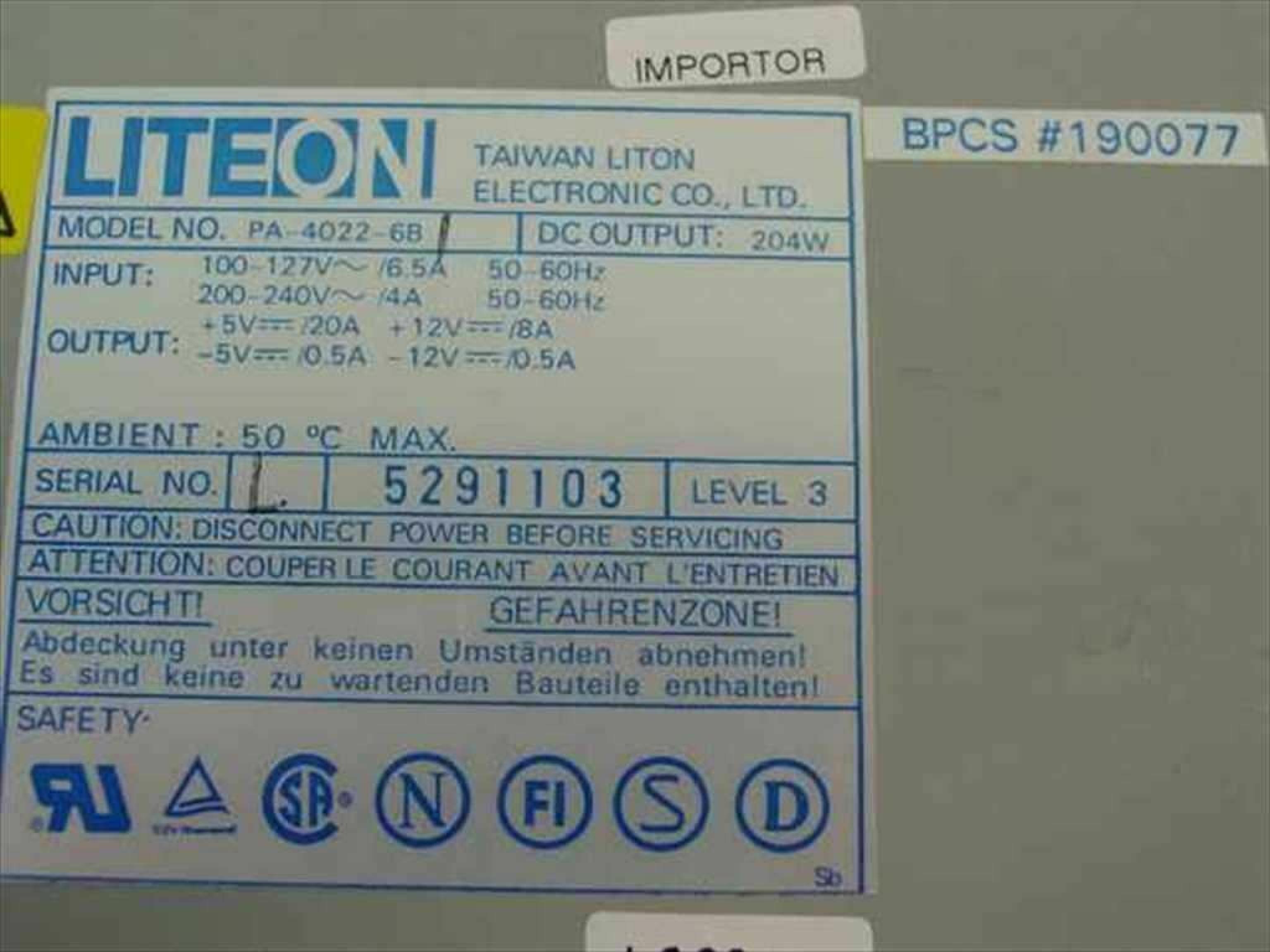 LITEON PA-4022-6B POWER SUPPLY PULLED FROM PACKARD BELL A950-TWR 204 WATT AT STYLE