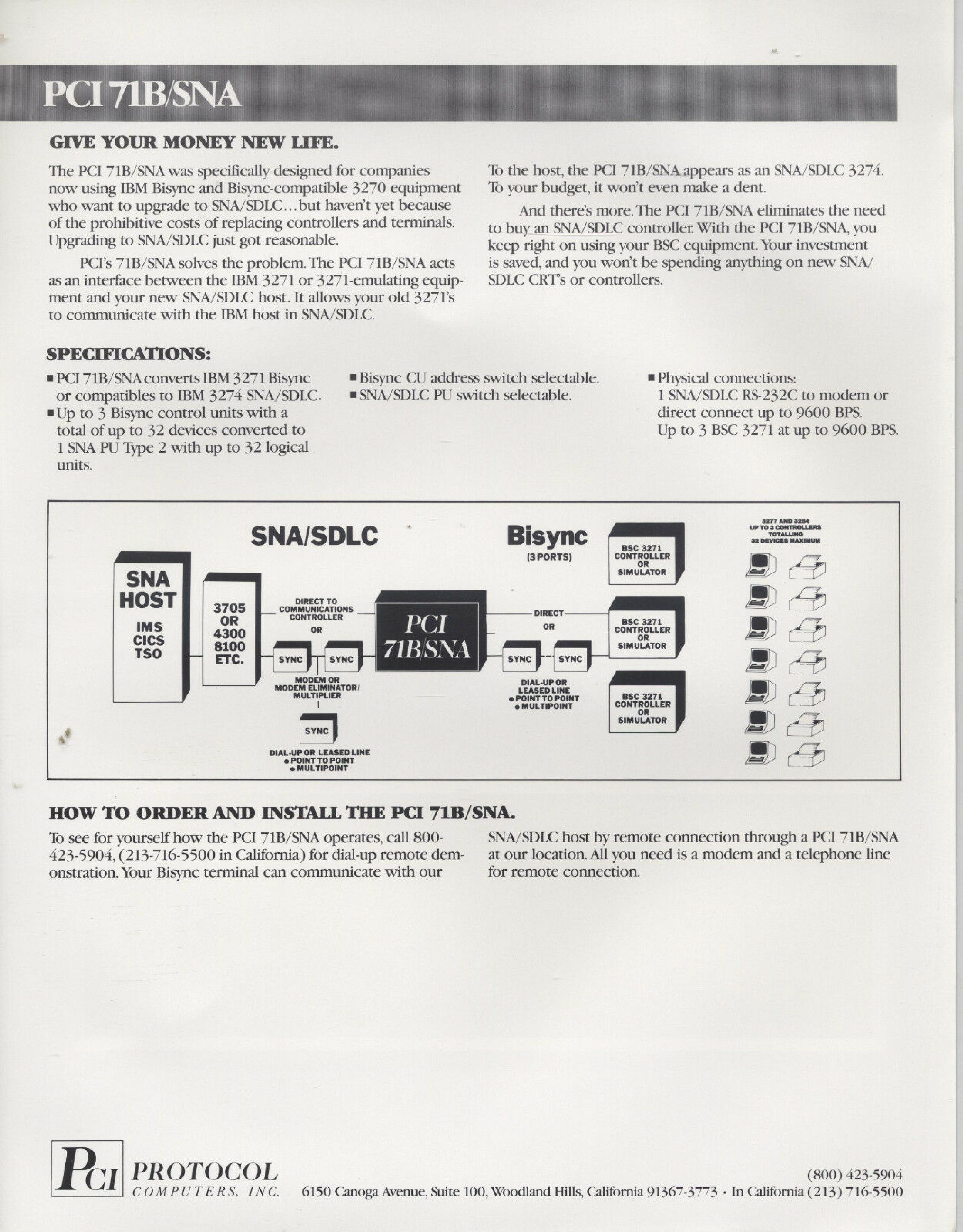 PROTOCOL COMPUTERS INC. 71B/SNA PCI MODEL 71B/SNA