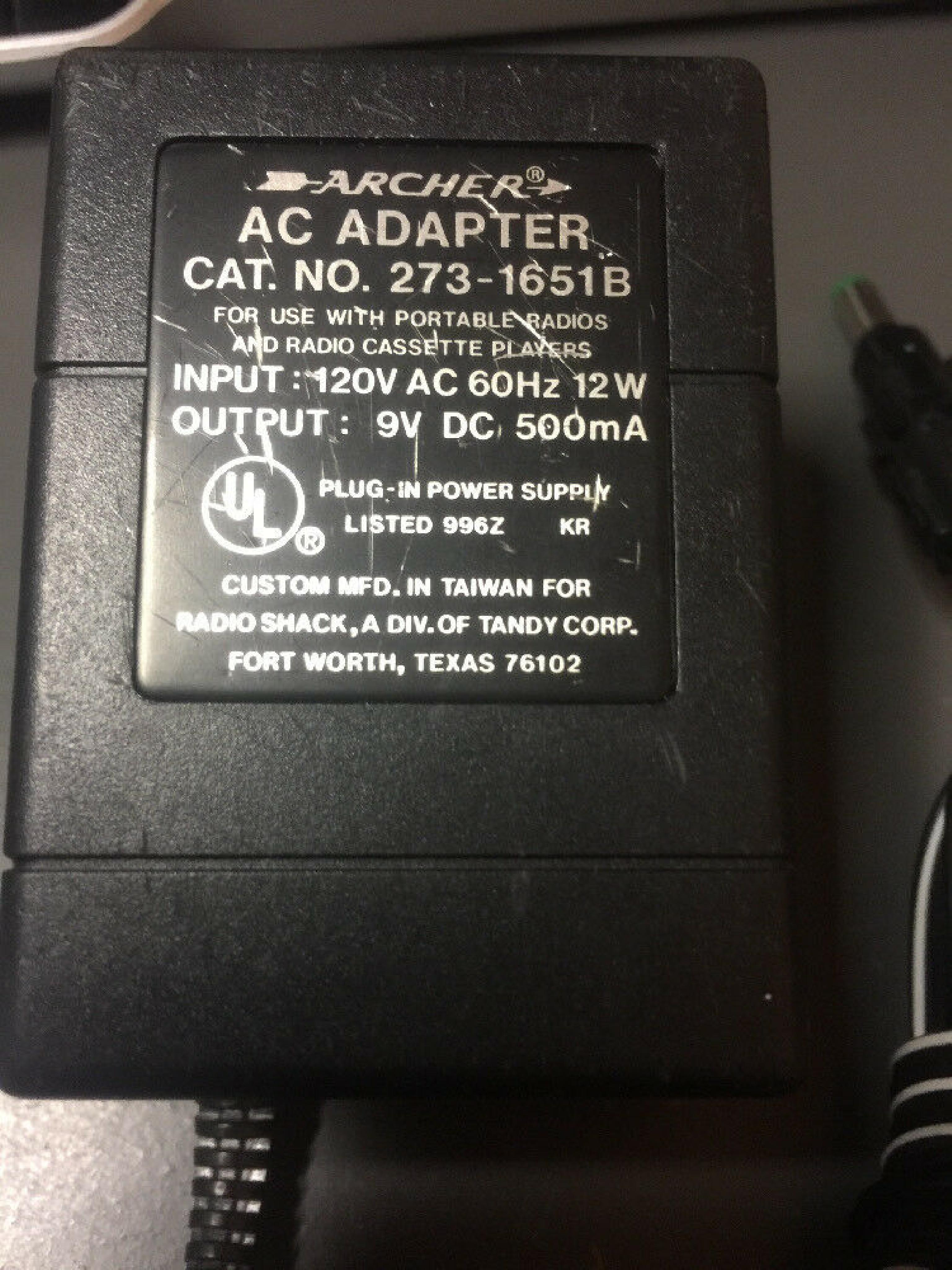 ARCHER 273-1651B AC ADAPTER 9V DC 500MA