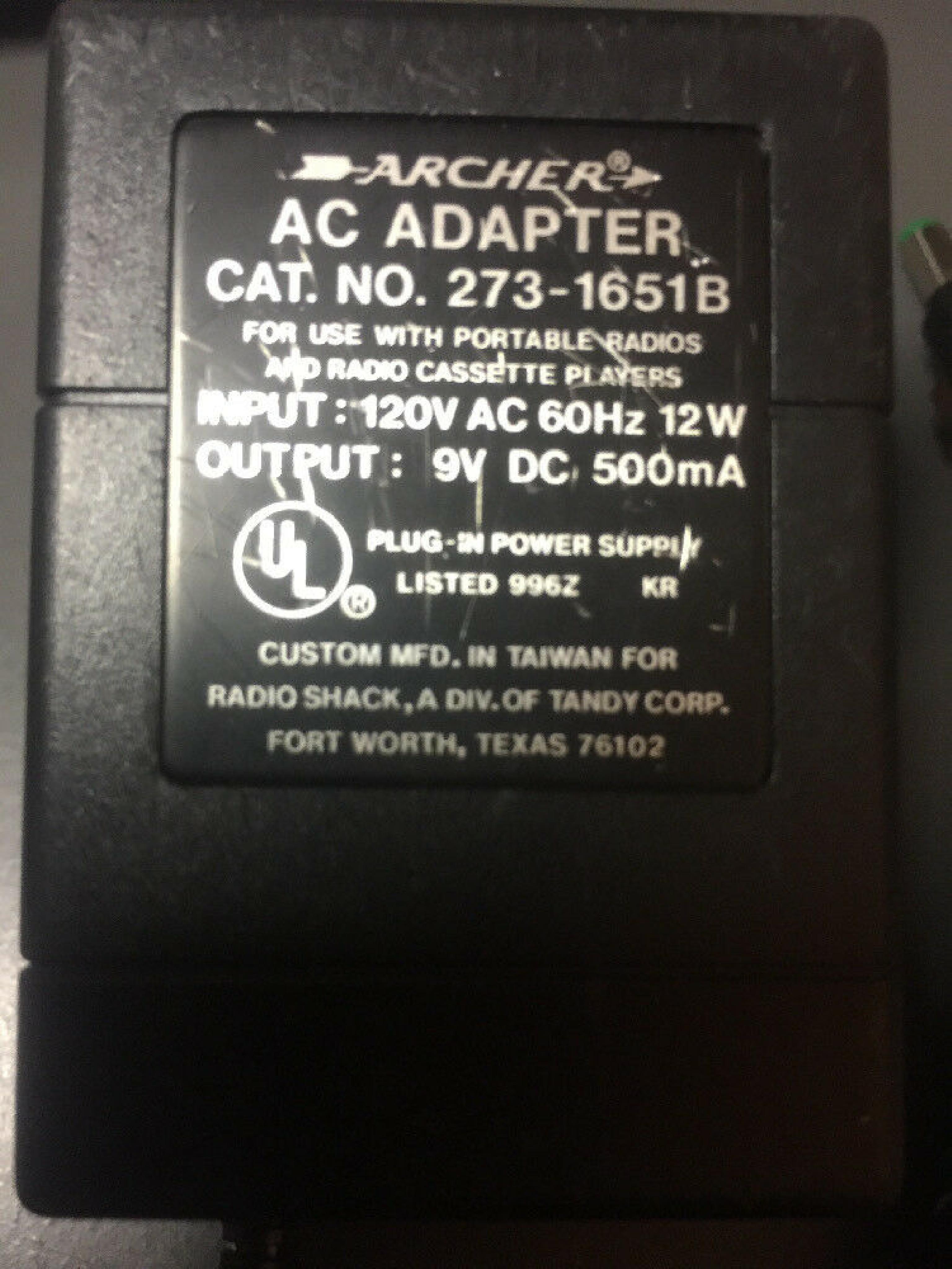 ARCHER 273-1651B AC ADAPTER 9V DC 500MA