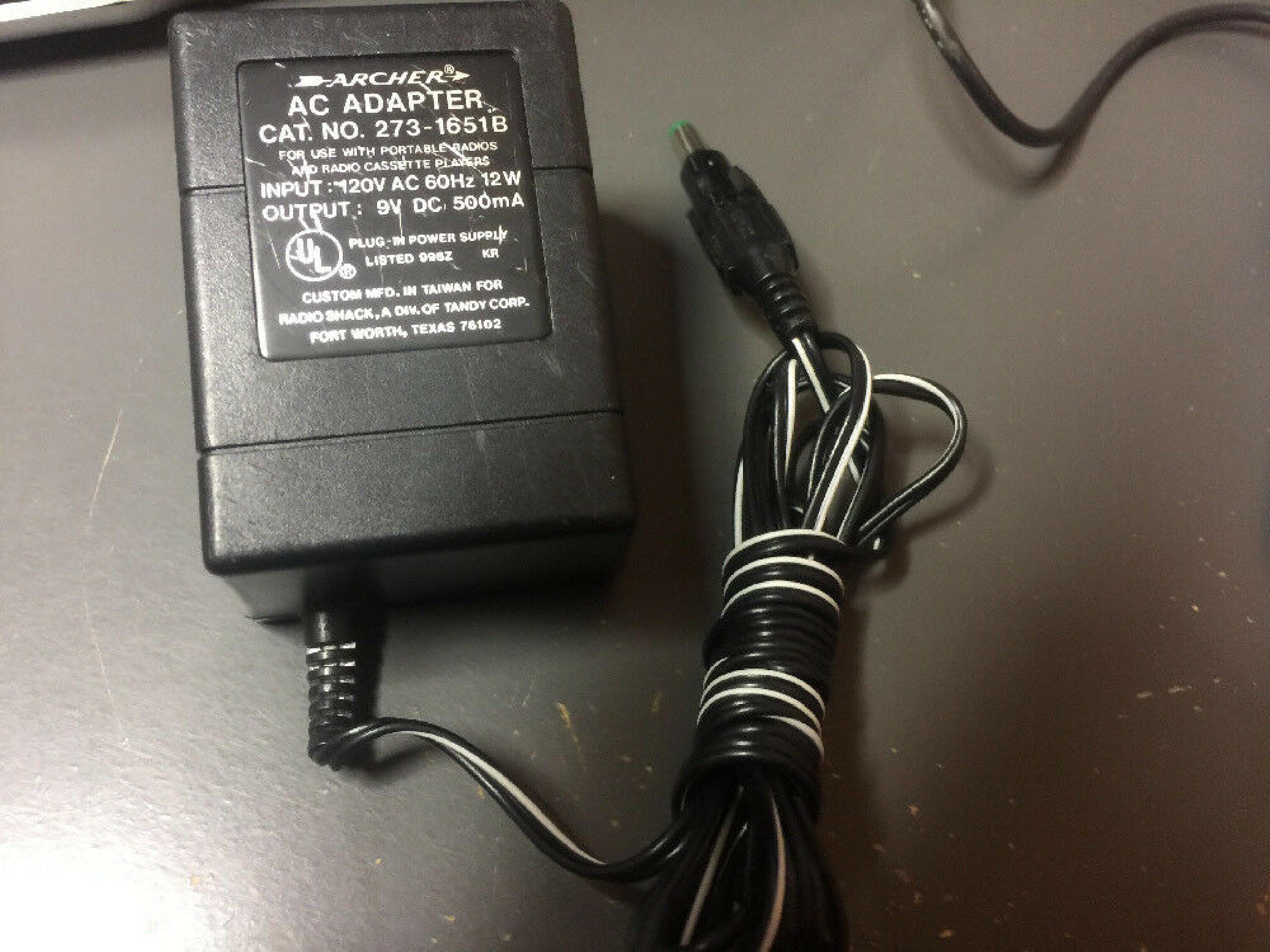 ARCHER 273-1651B AC ADAPTER 9V DC 500MA