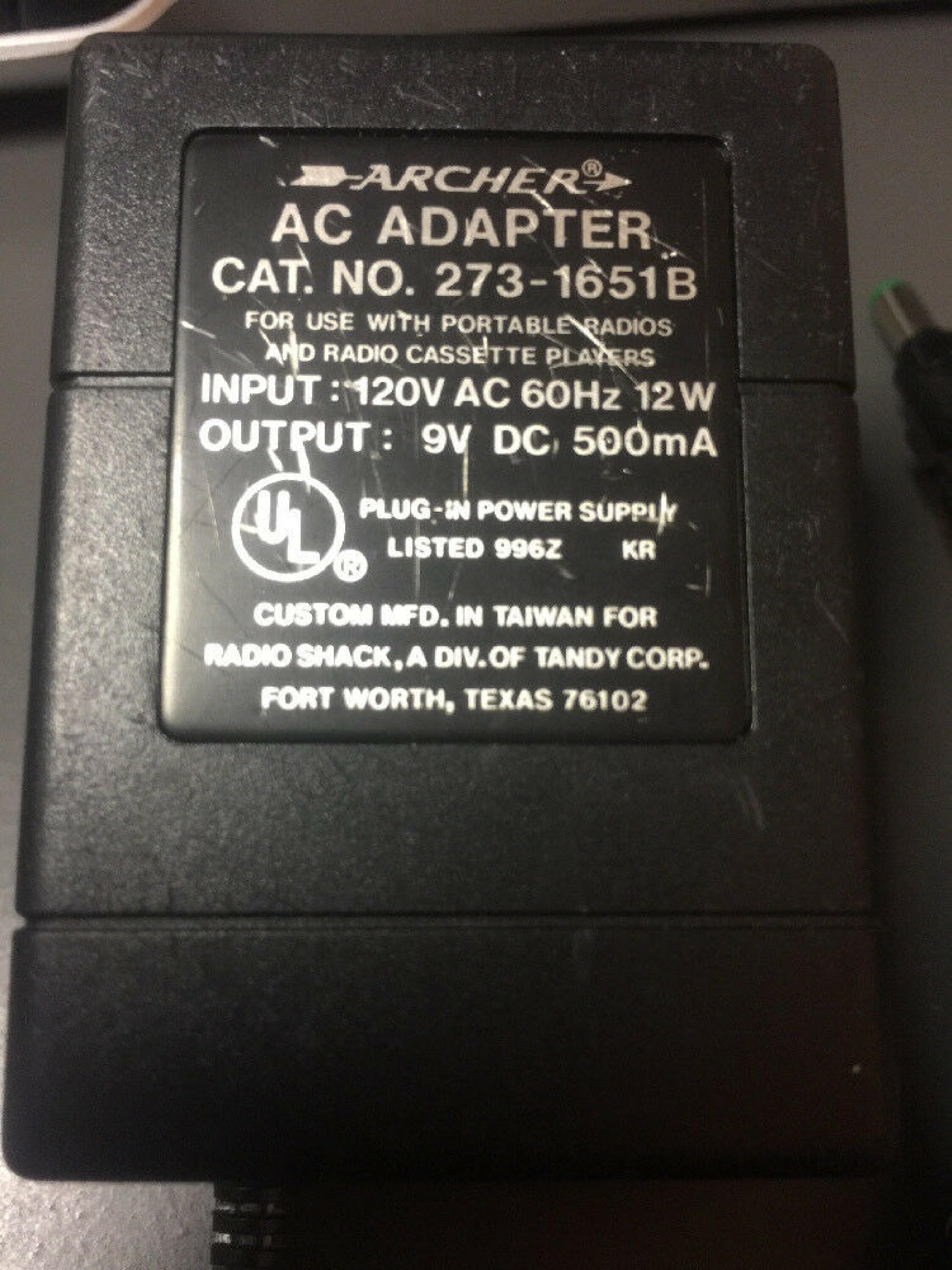 ARCHER 273-1651B AC ADAPTER 9V DC 500MA