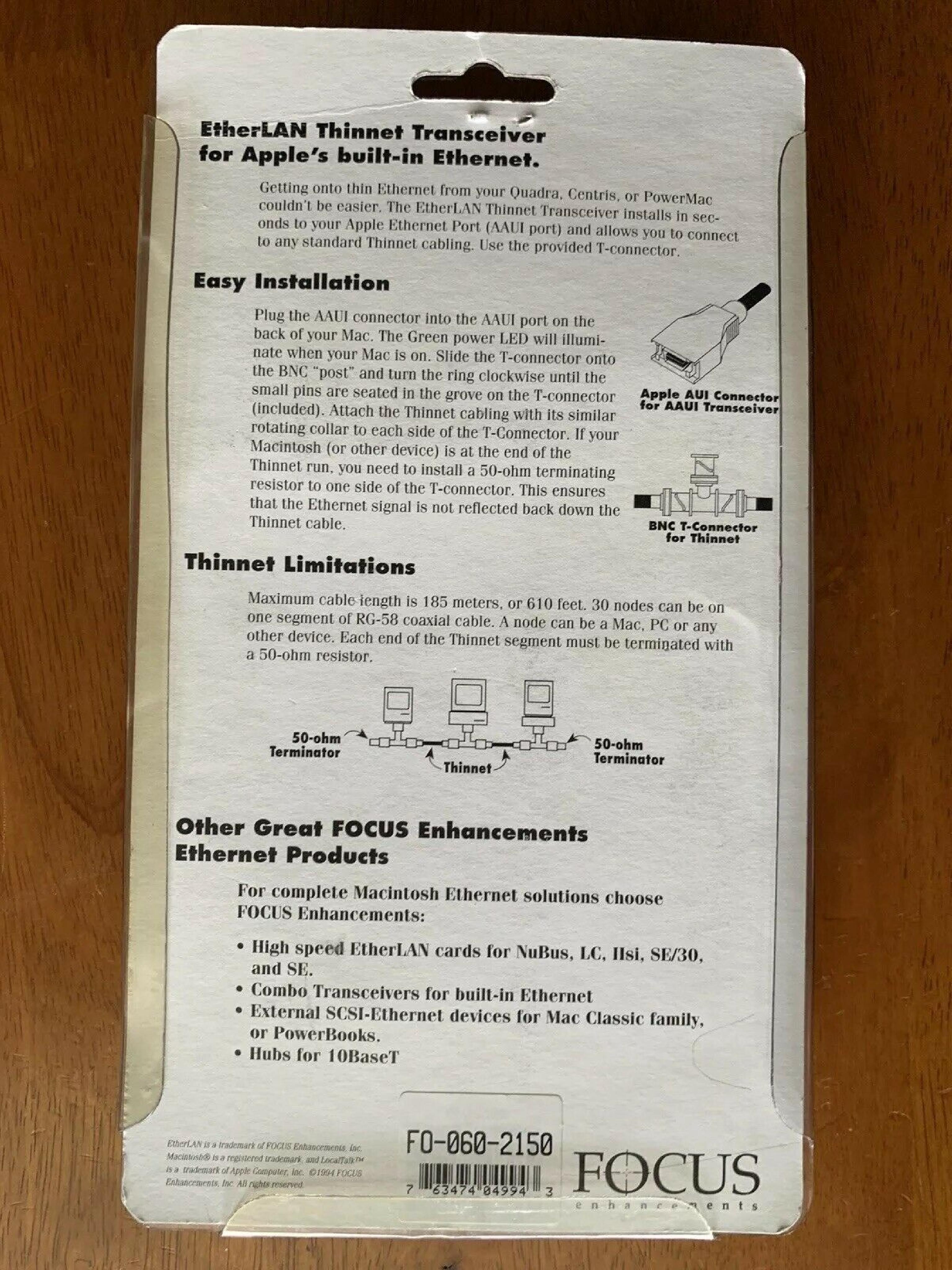 FOCUS INFORMATION SYSTEMS AAUI FOCUS ETHERLAN AAUI 10BT TRANSCEIVER RJ45 TO MINI AUI