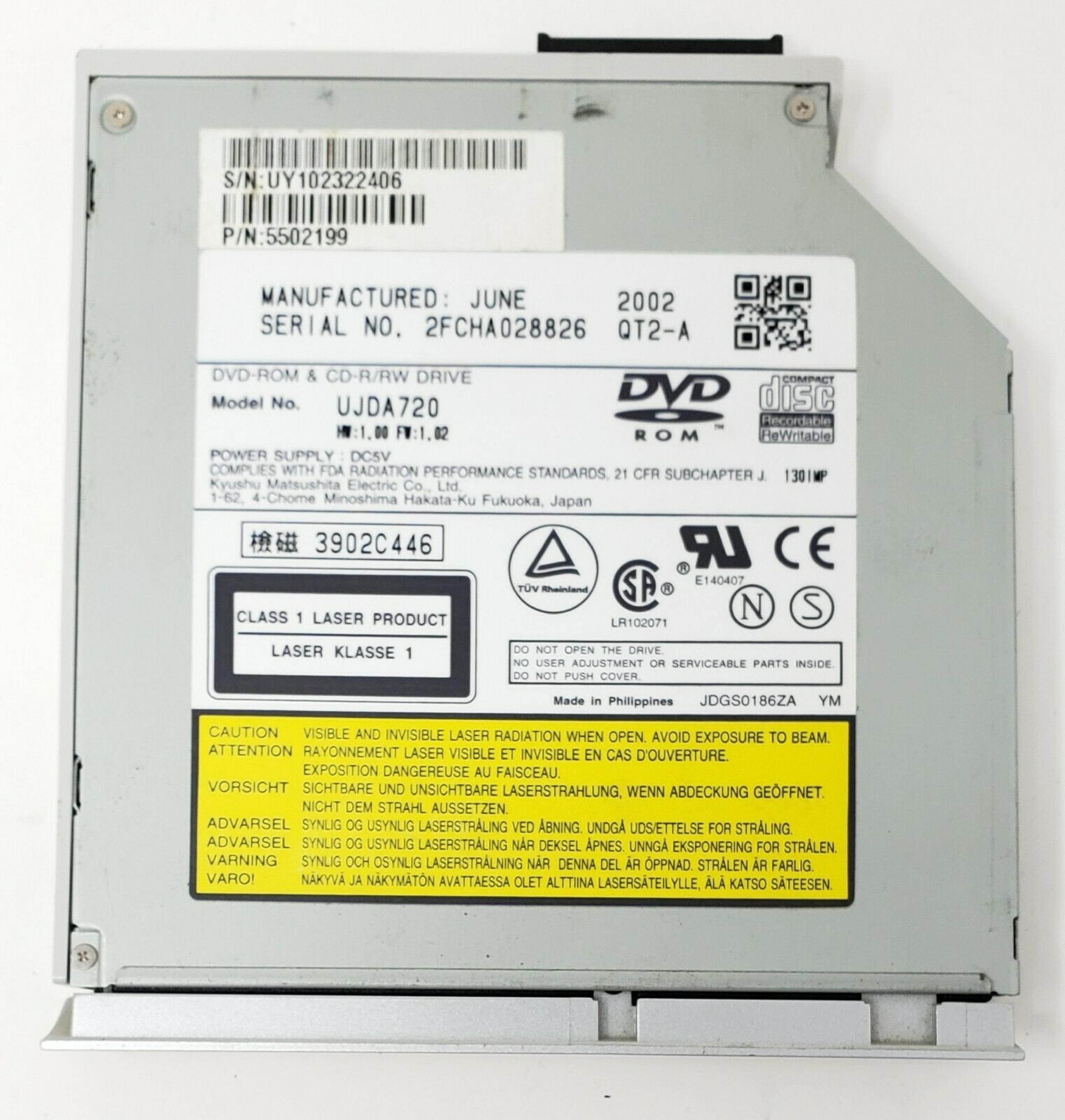 MATSUSHITA / PANASONIC / TOSHIBA UJDA720 DVD-ROM & CD-RW COMBINATION DRIVE MODULE FOR USE WITH HP AND MAYBE OTHERS DVD-ROM/CD-RW SLIMLINE BLACK BEZEL DVD/CDRW NOTEBOOK SILVER