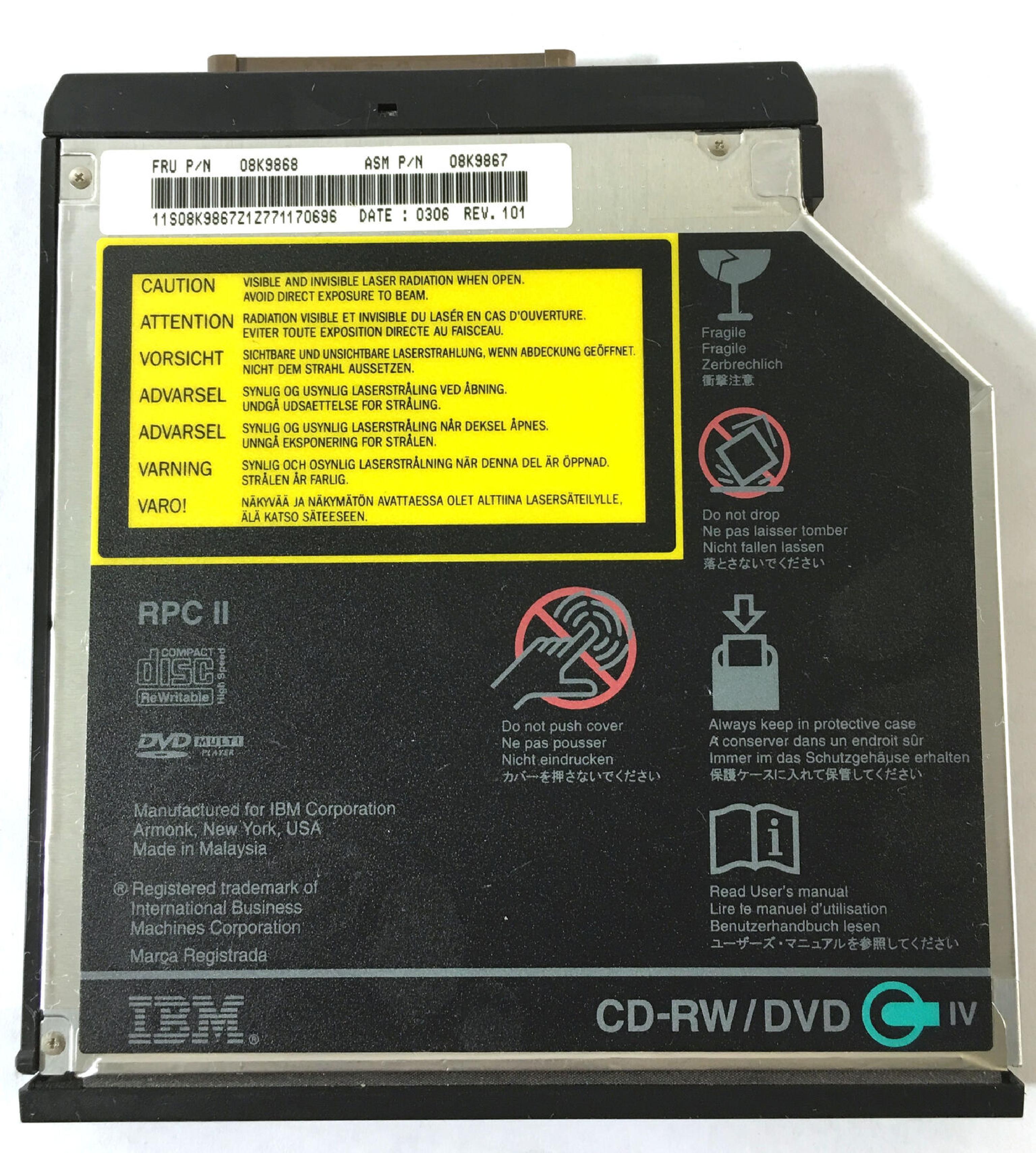 IBM 08K9868 DVD-ROM & CD-RW COMBINATION DRIVE MODULE IN HP PLASTIC BUT CAN BE SWAPPED INTO