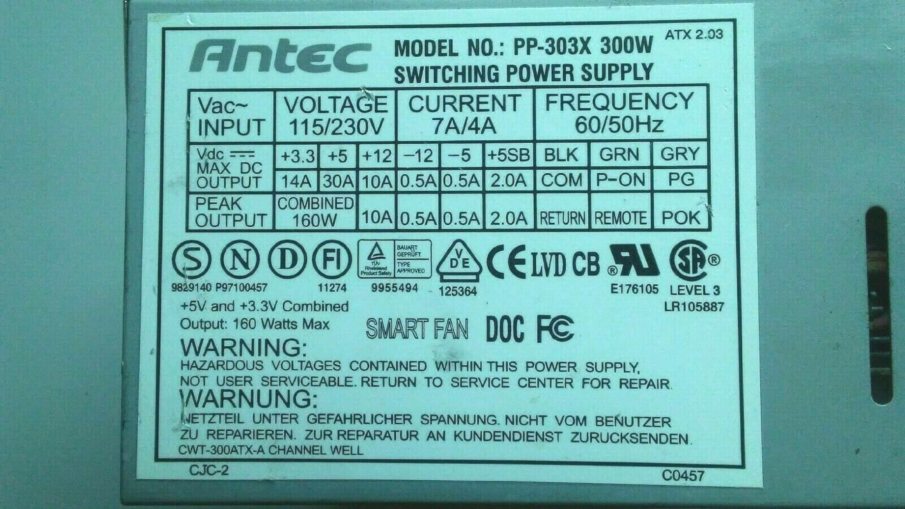 ANTEC PP-303X 300W 20PIN ATX POWER SUPPLY 7 MOLEX 2 BERG