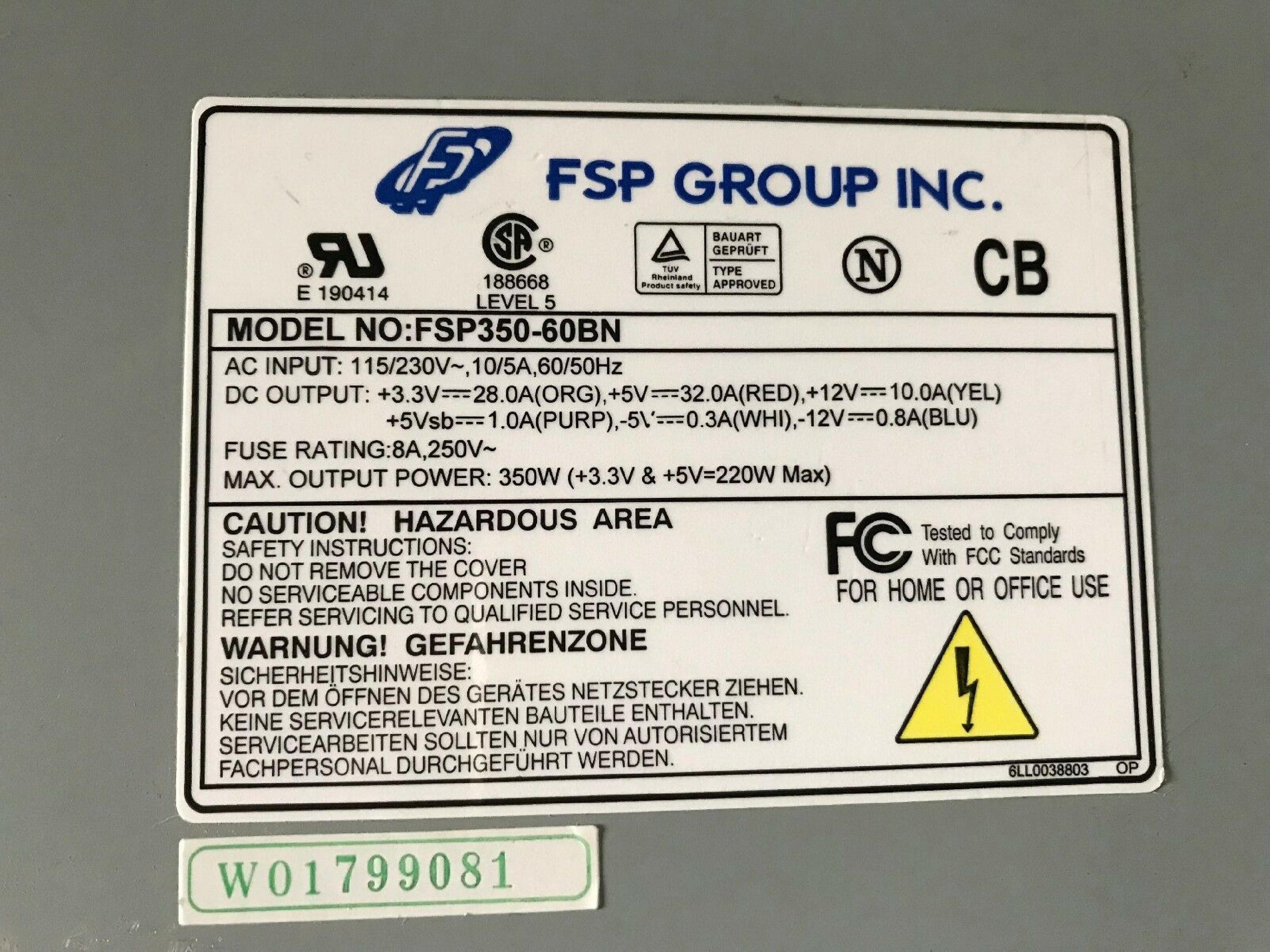 FSP GROUP / SPARKLE POWER INTL LTD / POWER MAN / YATE LOON / AOPEN / ACER FSP350-60BN ATX POWER SUPPLY 350 WATT