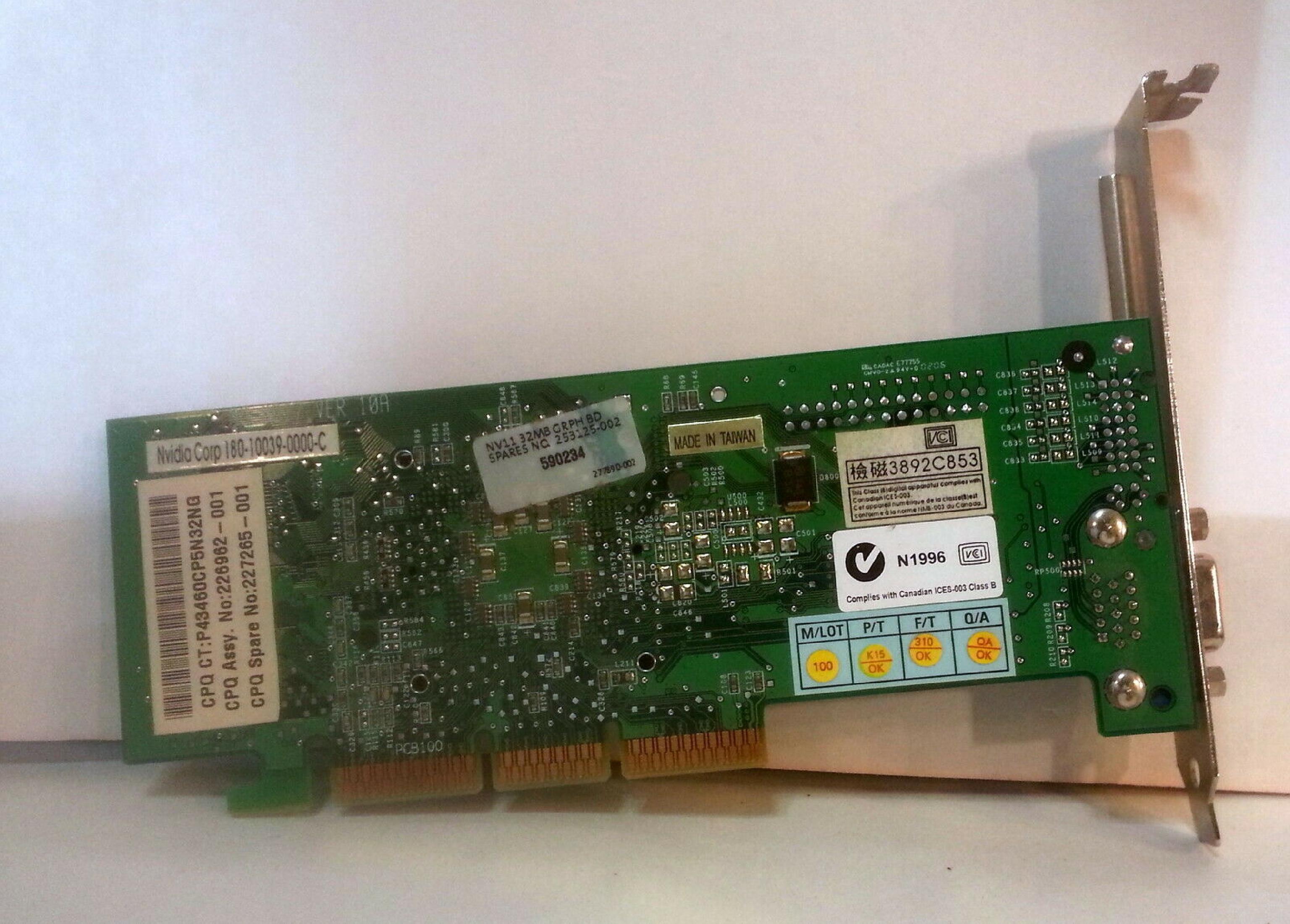 NVIDIA / COMPAQ / HEWLETT PACKARD / HP 226962-001 32MB AGP VIDEO CARD WITH VGA OUTPUT QITH GEFORCE2 MX MX-400-32MB