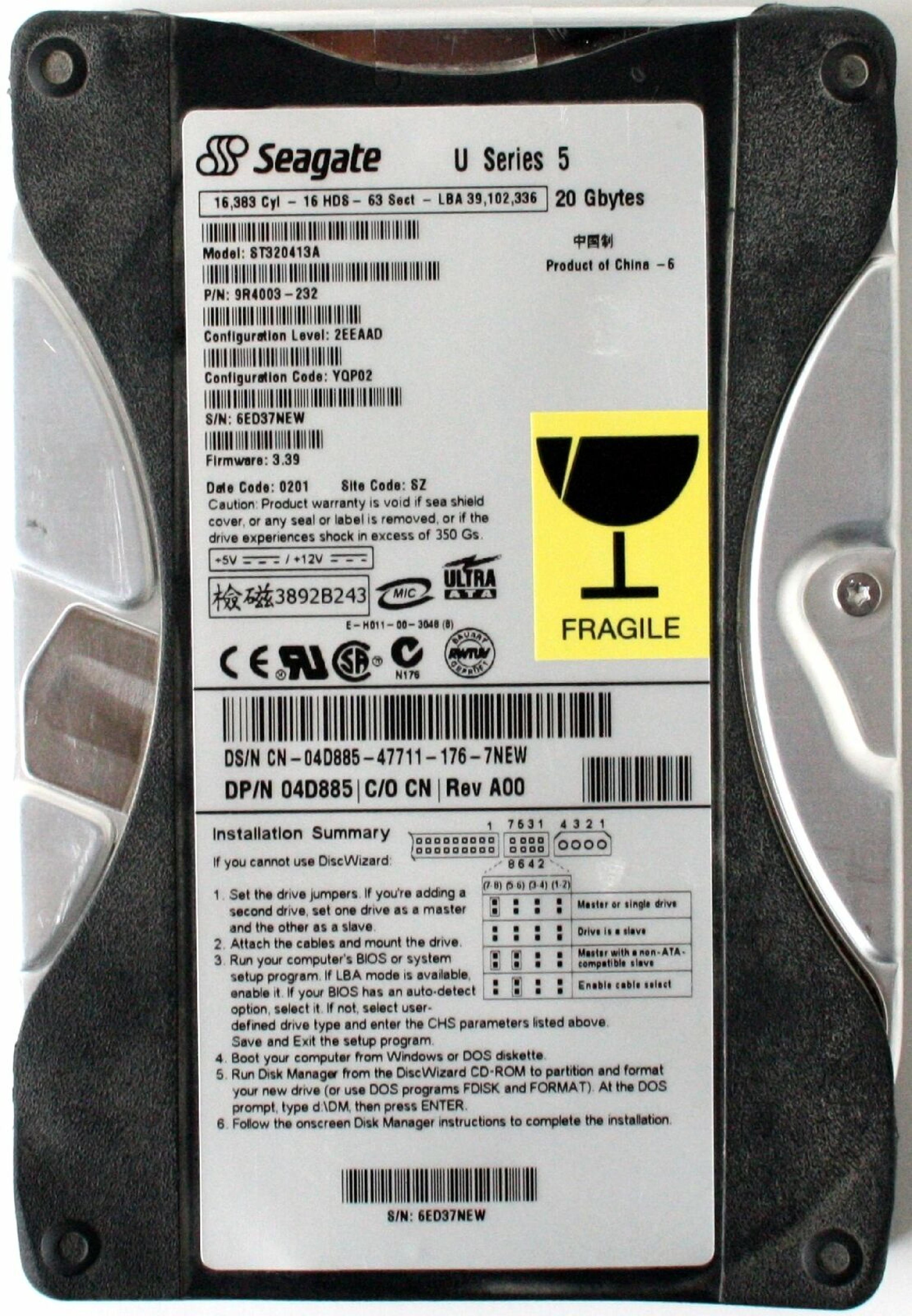 SEAGATE 9R4003-232 DATE:0149 SITE:SZ CODE:YQP02 LEVEL:2EEAAD 20GB IDE DRIVE U SERIES 5 CONF: 2EDABA YQP02 FIRMWARE 3.39 DATE 0204 SITE WU REV A00