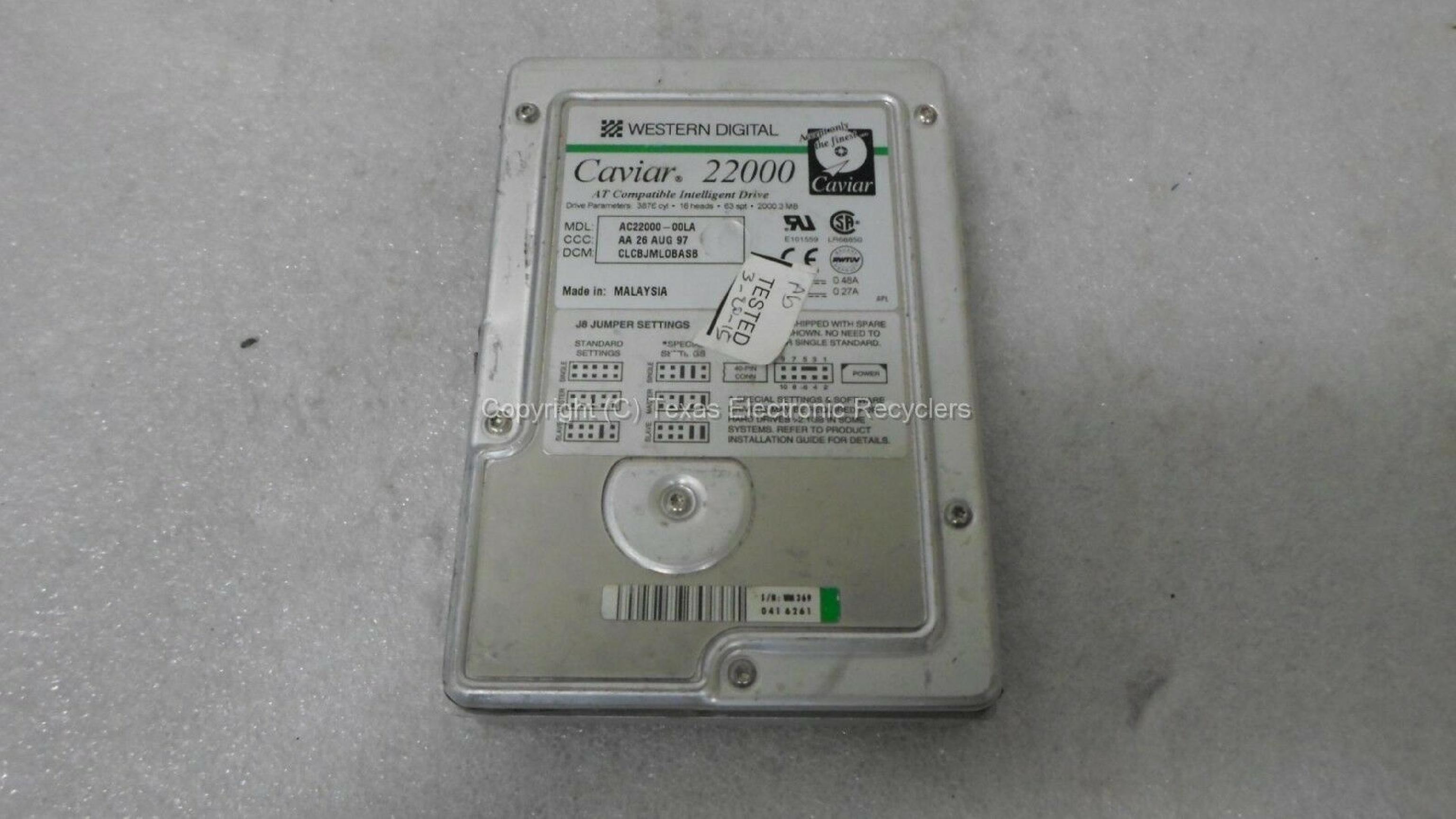 WESTERN DIGITAL / WD AC22000-00LA 2.1GB 5.25 INCH IDE HARD DRIVE CCC A3 4 APR 97 DCM BEBBEVHOSA