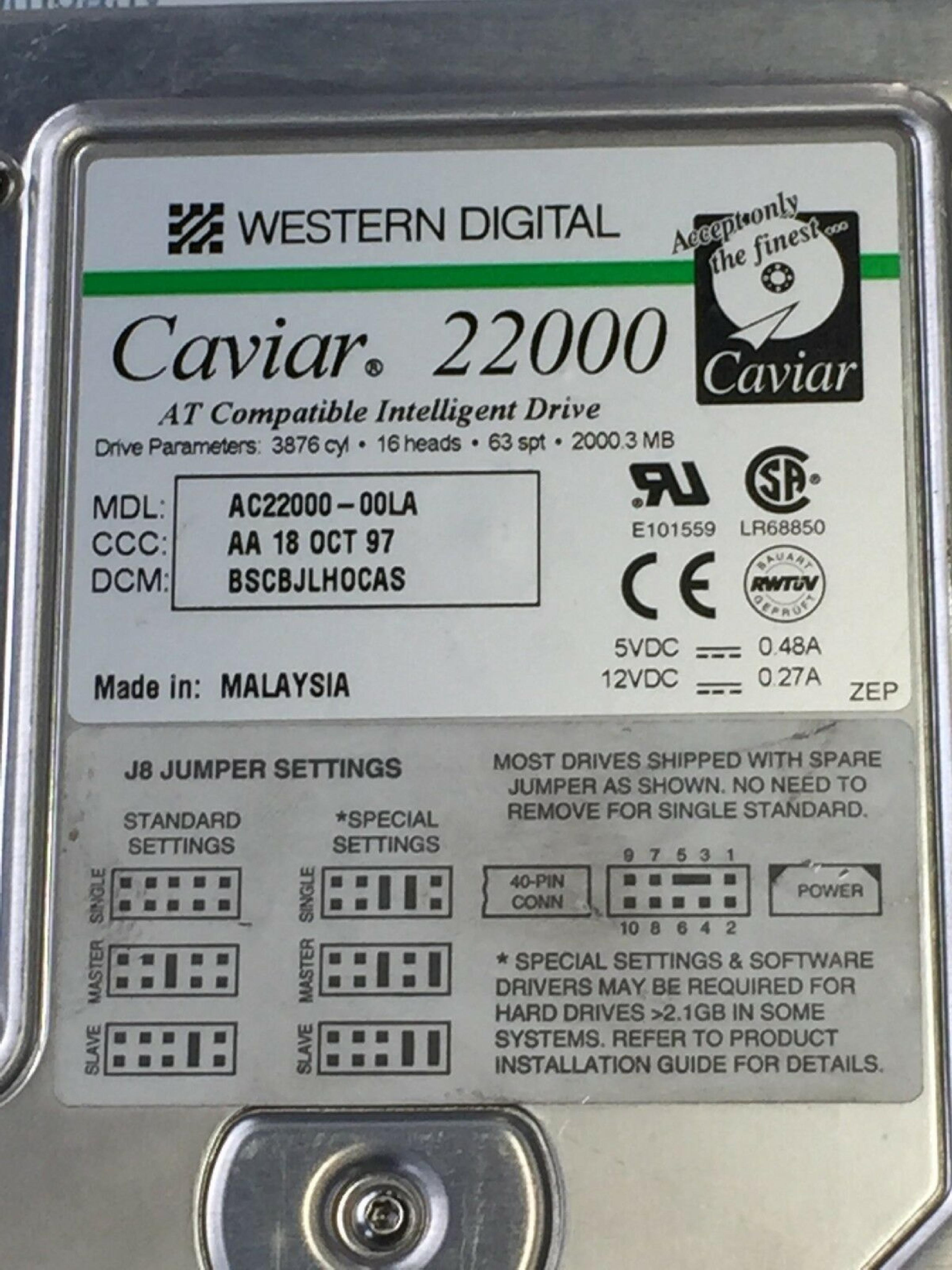 WESTERN DIGITAL / WD AC22000-00LA 2.1GB 5.25 INCH IDE HARD DRIVE CCC A3 4 APR 97 DCM BEBBEVHOSA