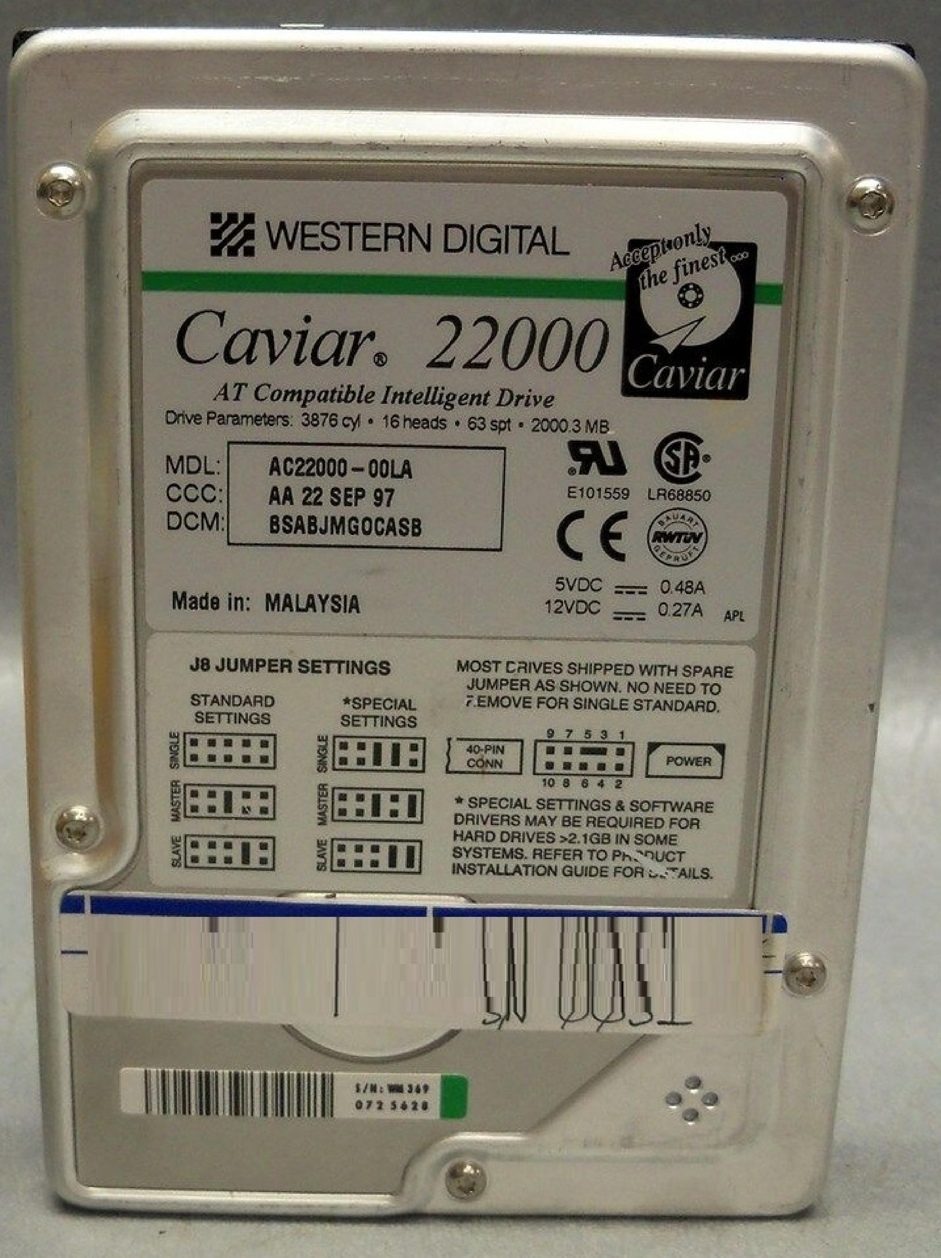 WESTERN DIGITAL / WD AC22000-00LA 2.1GB 5.25 INCH IDE HARD DRIVE CCC A3 4 APR 97 DCM BEBBEVHOSA