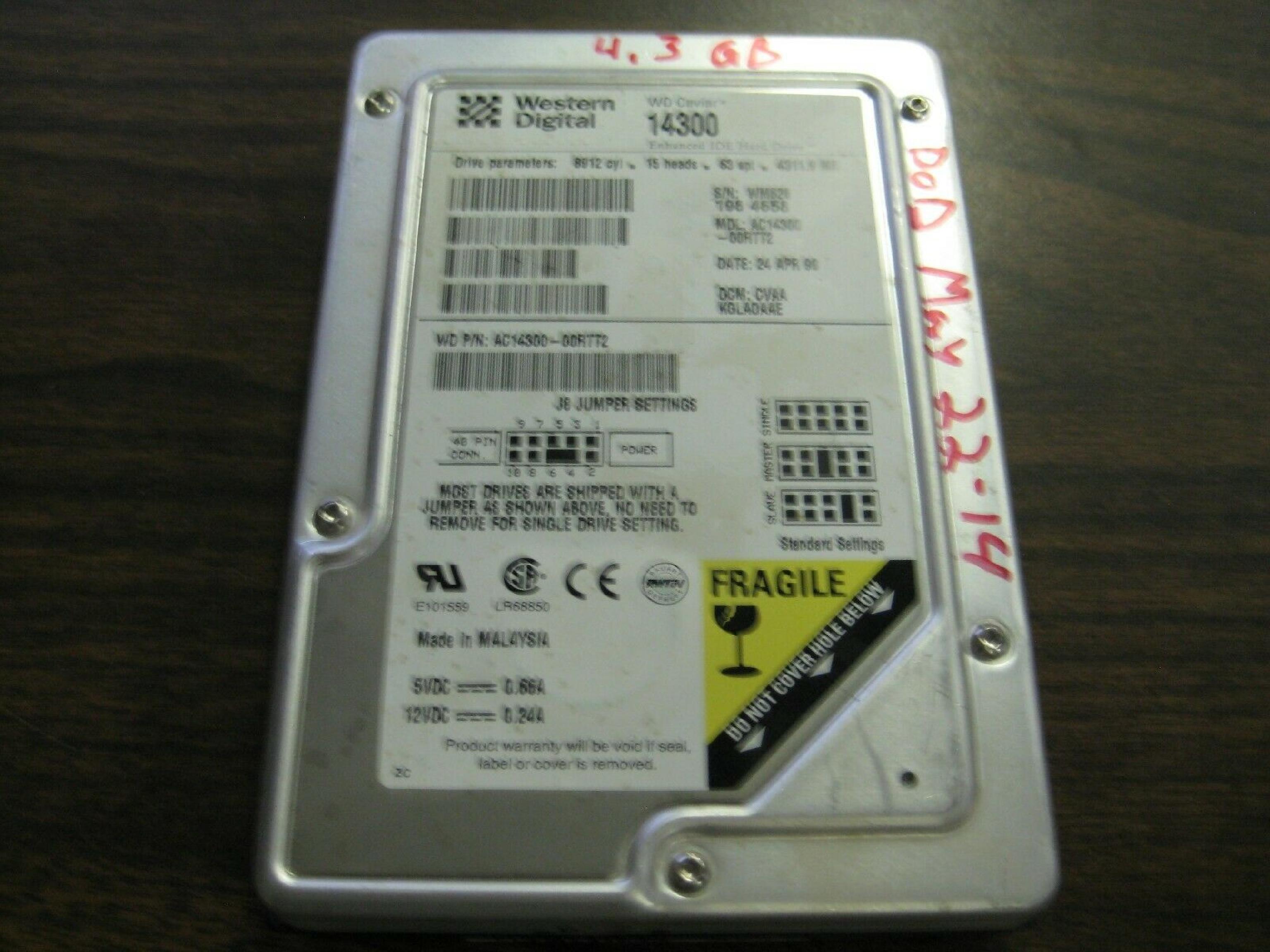 WESTERN DIGITAL / WD AC14300-00RTT2 4.3GB 3.5 INCH IDE HARD DRIVE