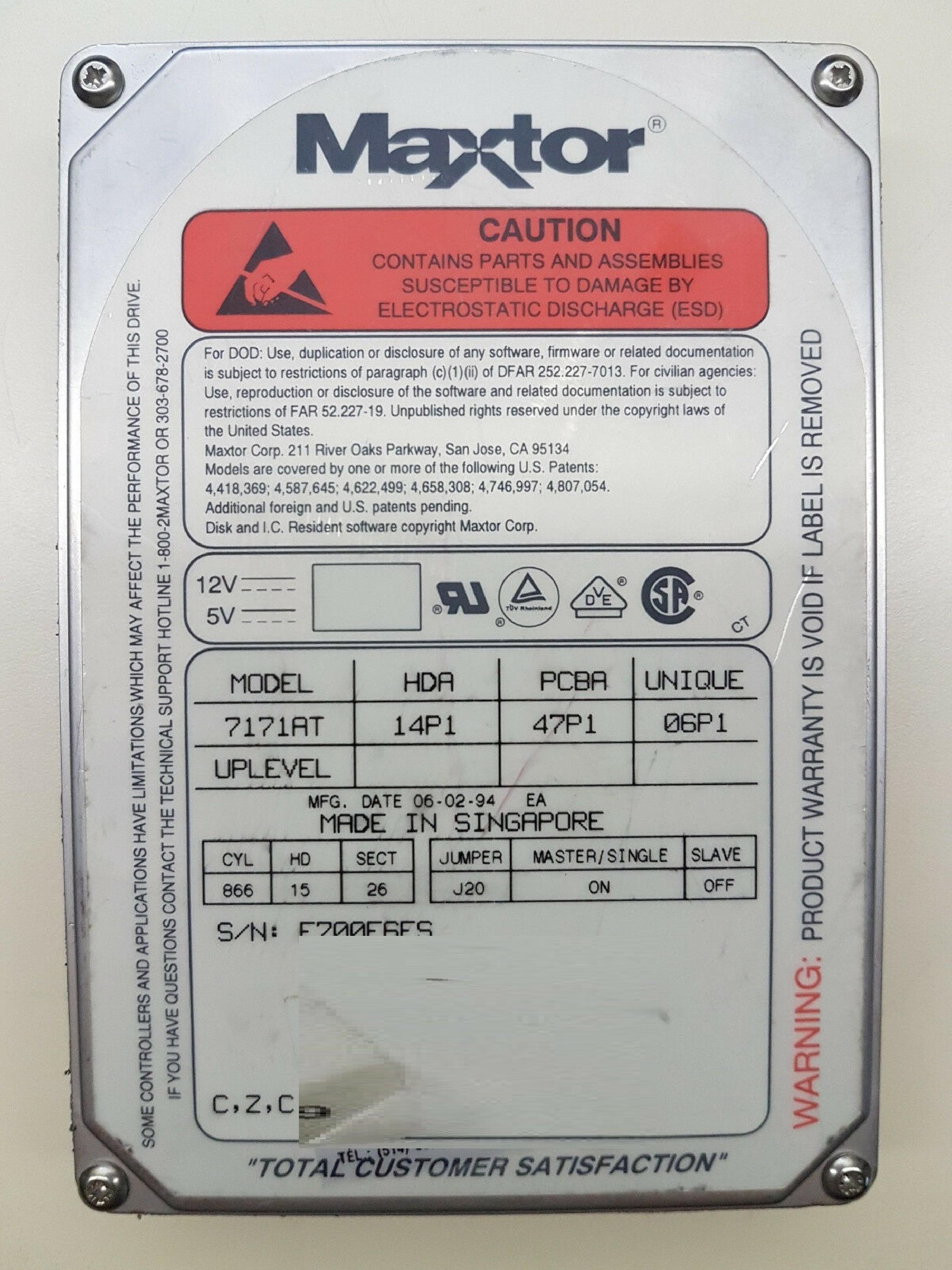 MAXTOR 7171AT SCSI HARD DRIVE 3.5 INCH 170MB