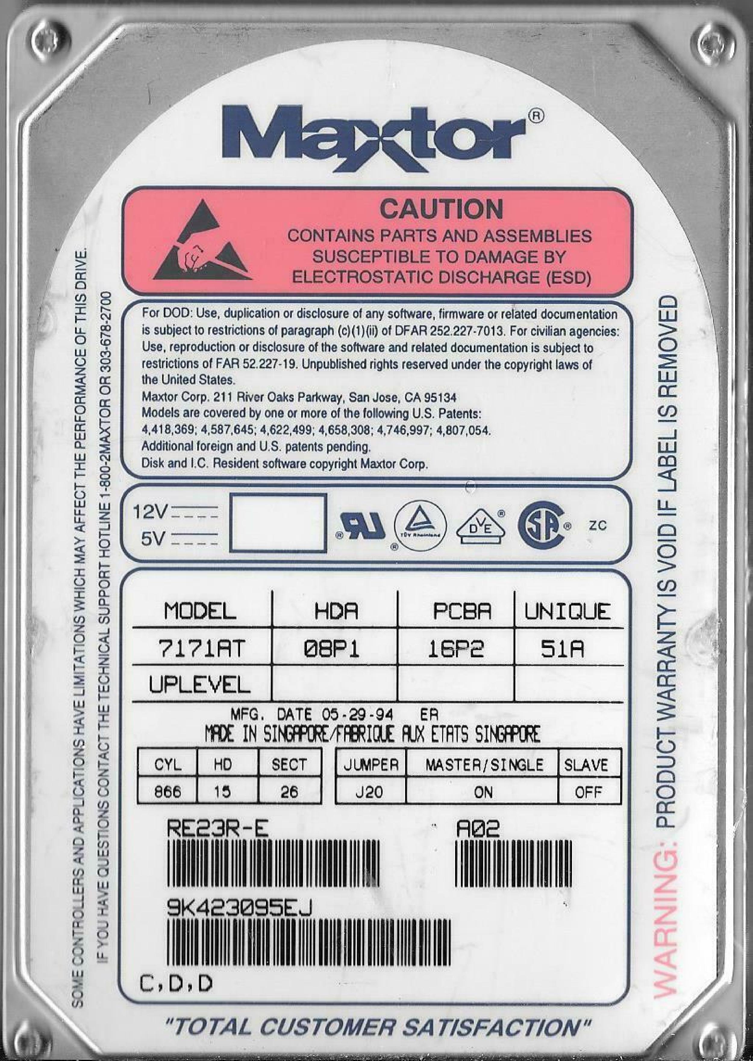 MAXTOR 7171AT SCSI HARD DRIVE 3.5 INCH 170MB