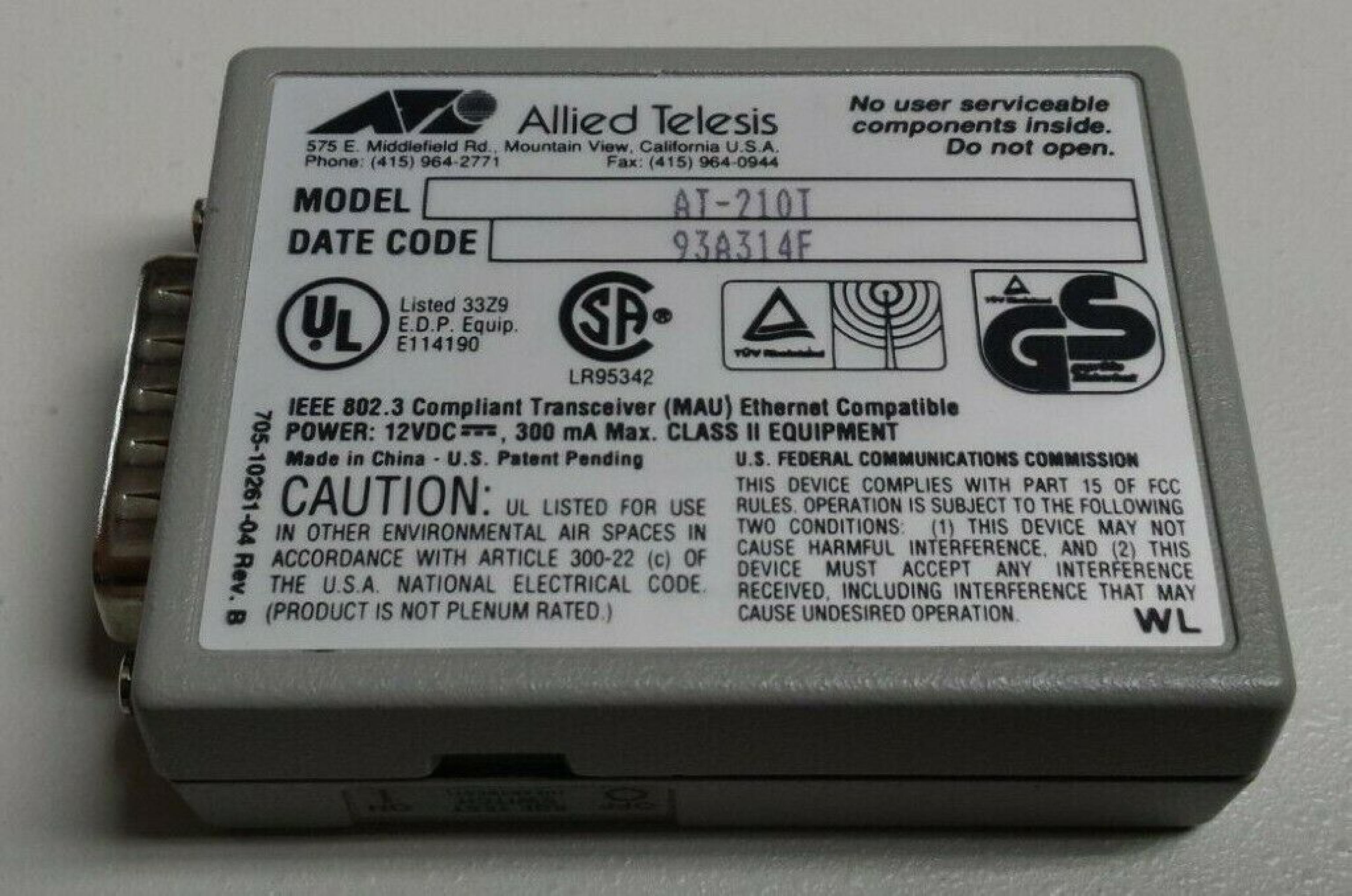 ALLIED TELESYSTEMS AT-210T-05 TWISTED PAIR TRANSCEIVER RJ45, 10BT TO AUI 10B5