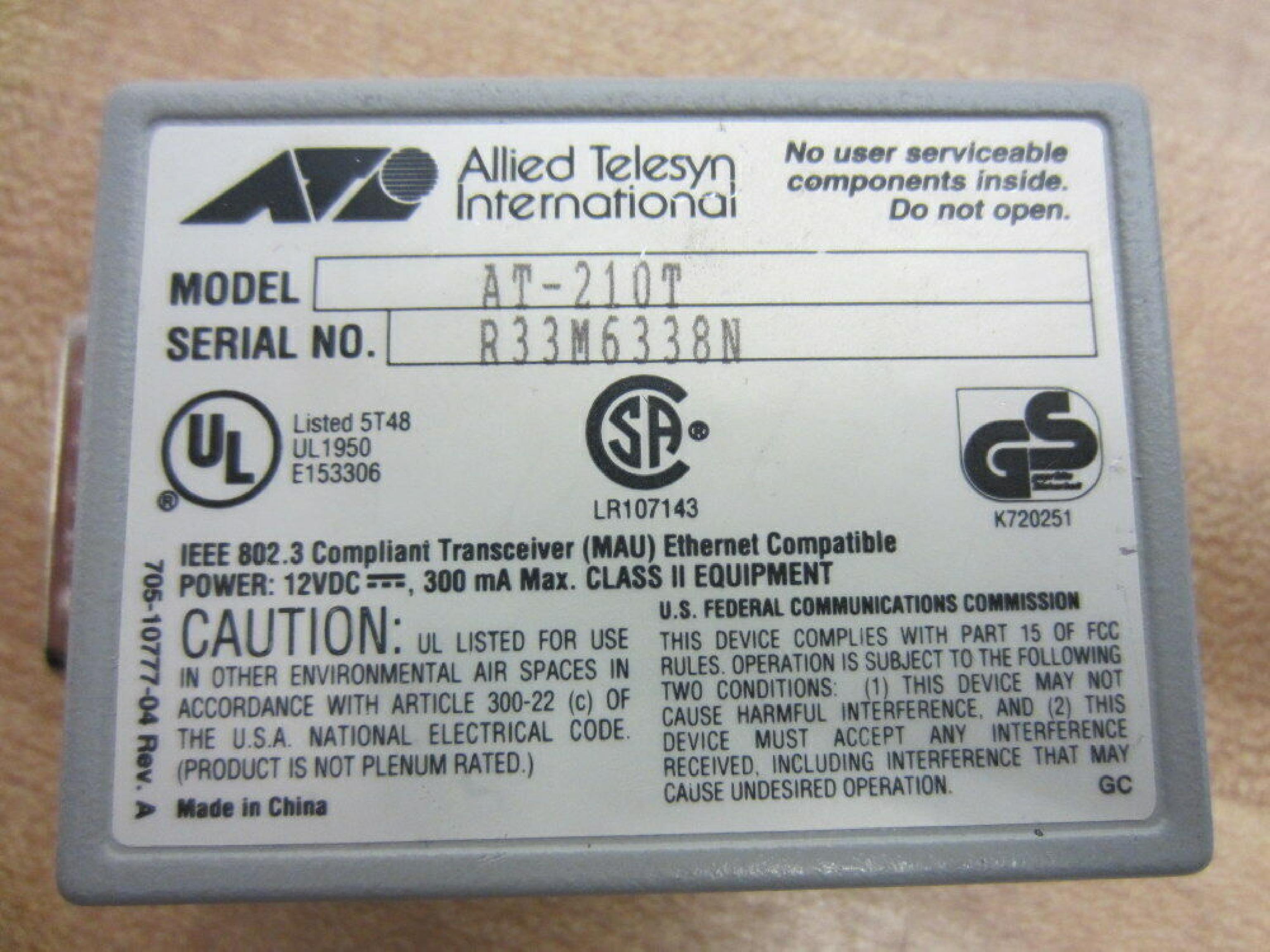 ALLIED TELESYSTEMS AT-210T TWISTED PAIR TRANSCEIVER RJ45, 10BT TO AUI 10B5