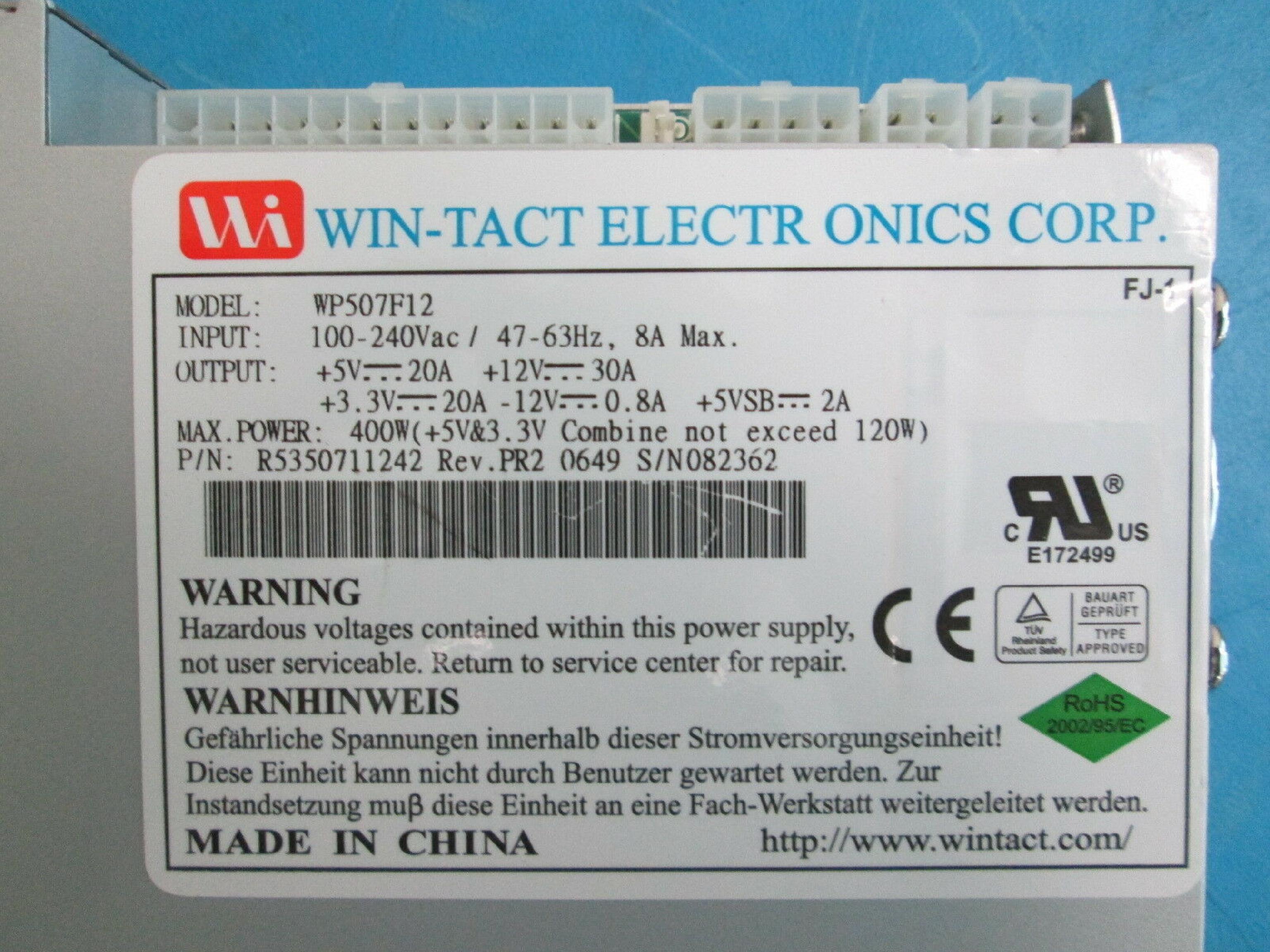 WIN-TACT ELECTRONICS CORP. WP507F12 IU POWER SUPPLY 400W 24PIN ATX