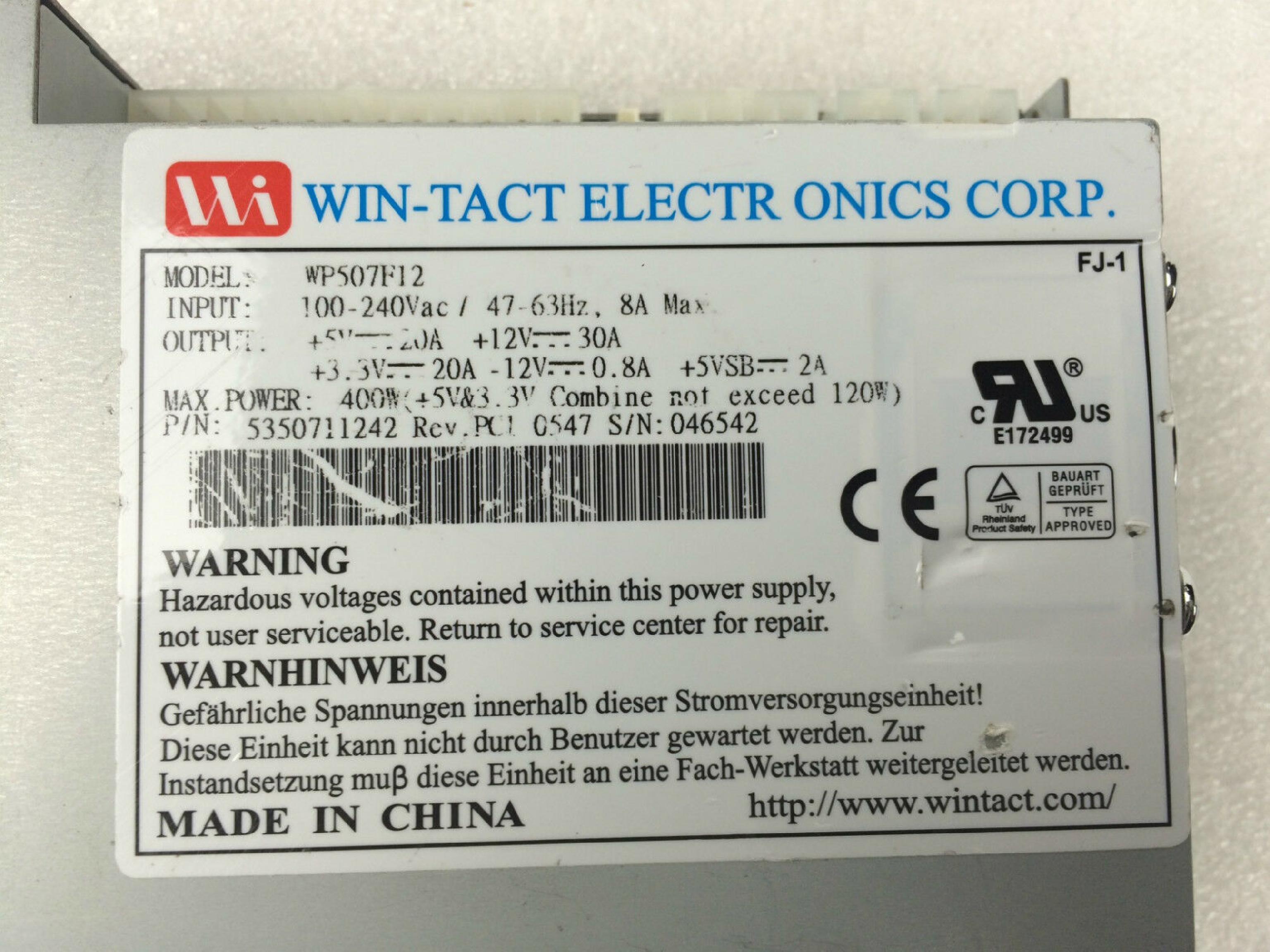 WIN-TACT ELECTRONICS CORP. WP507F12 IU POWER SUPPLY 400W 24PIN ATX