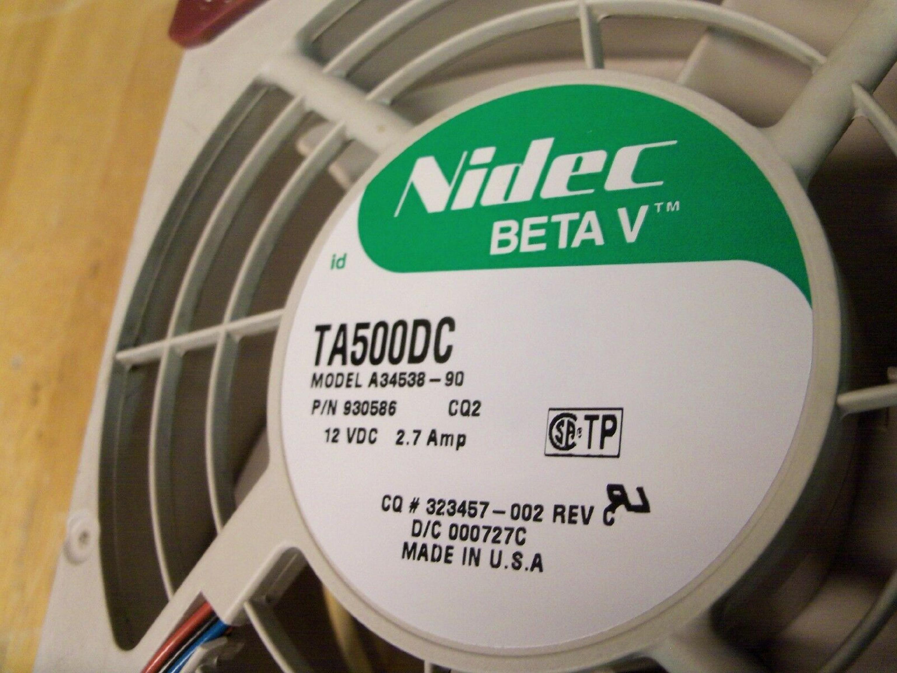 NIDEC / COMPAQ / HEWLETT PACKARD / HP TA500DC 48 VOLT DC FAN 127MM 38MM THICK BETA V 3 WIRE 12VDC 6PIN CONNECTOR 2.7A X 50MM 6 WIRES PIN 12VOLT 2.7AMP PROLIANT ML570 ML530 CASE HOT PLUG 132X132X64MM