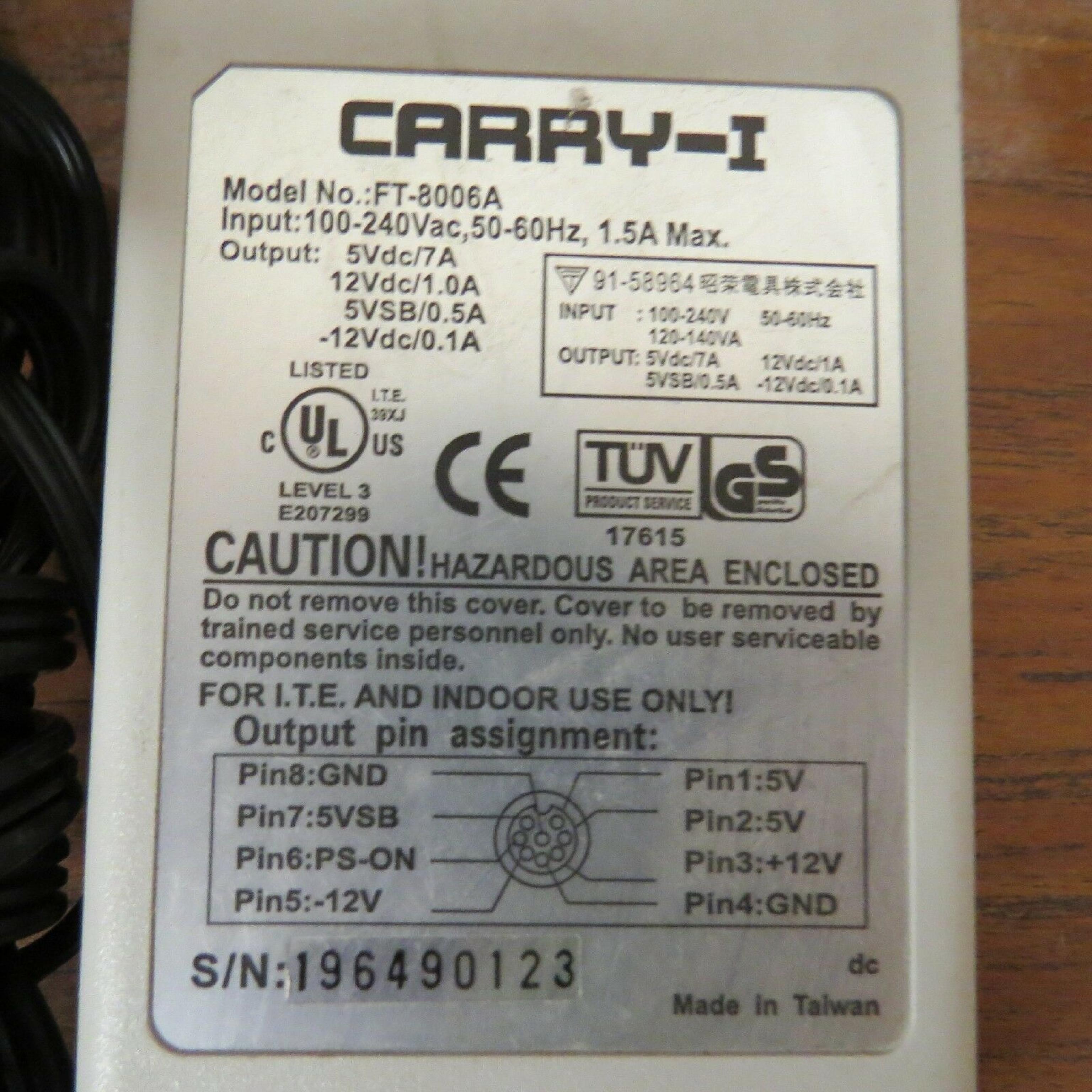 CARRY-I FT-8006A AC ADAPTER 5VDC 7A 12VDC 1A 5VSB .5A -12VDC .1A 18IN CORD 8PIN DIN FEMALE DESKTOP