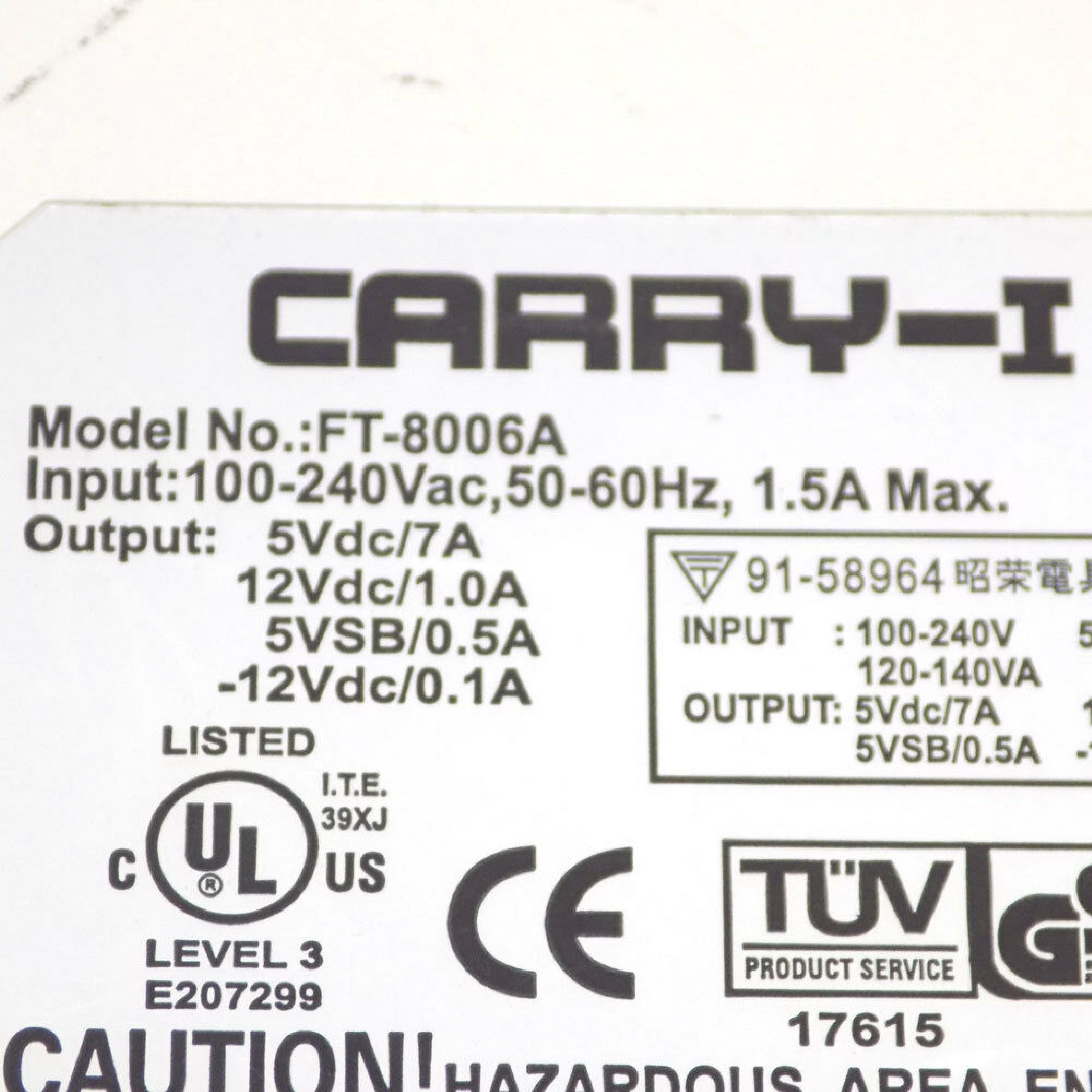 CARRY-I FT-8006A AC ADAPTER 5VDC 7A 12VDC 1A 5VSB .5A -12VDC .1A 18IN CORD 8PIN DIN FEMALE DESKTOP