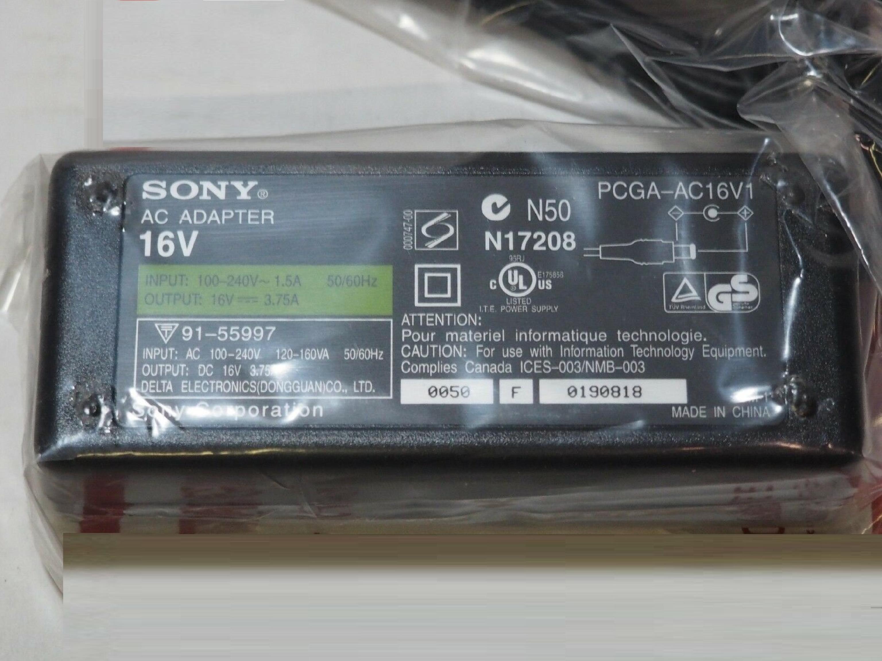 SONY PCGA-AC16V1 AC ADAPTER 16VDC 3.75A, 6FT CABLE, BARREL CONNECTOR WITH SPIKE, OD: 6MM, ID:4.2MM, DESKTOP STYLE