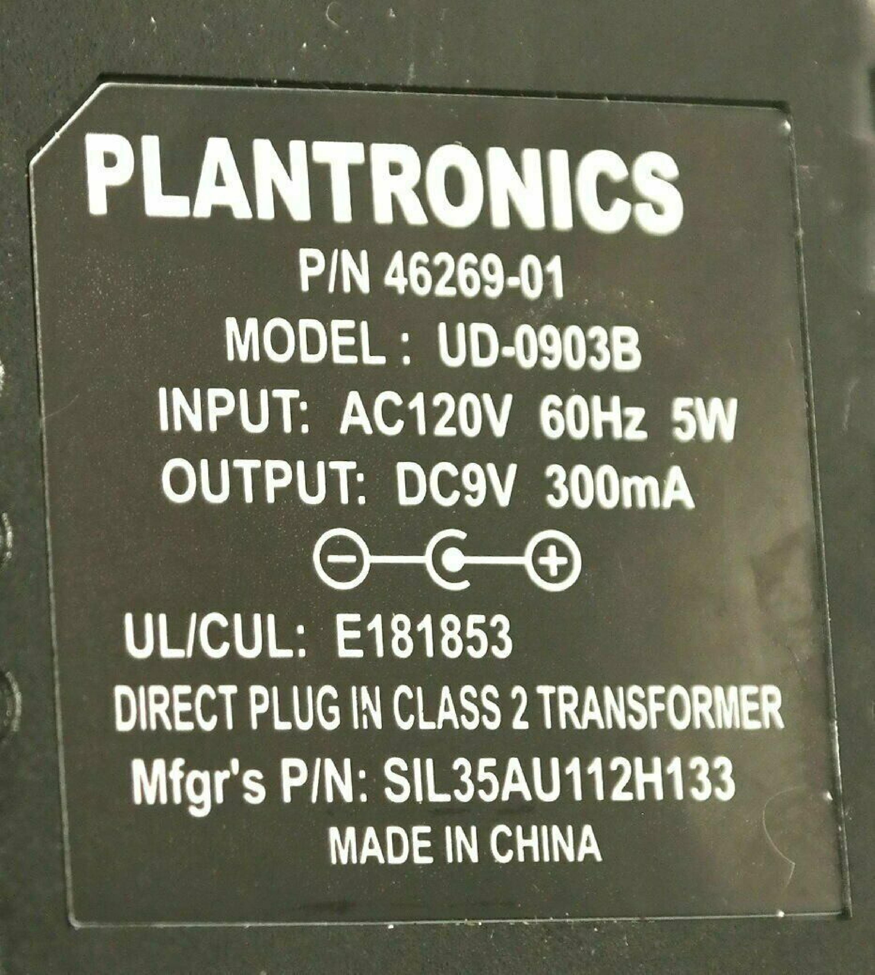 PLANTRONICS 46269-01 AC ADAPTER 9VDC 300MA, 12FT CABLE WITH BARREL CONNECTOR, OD:3.8MM, ID:1.3MM, WALL STYLE