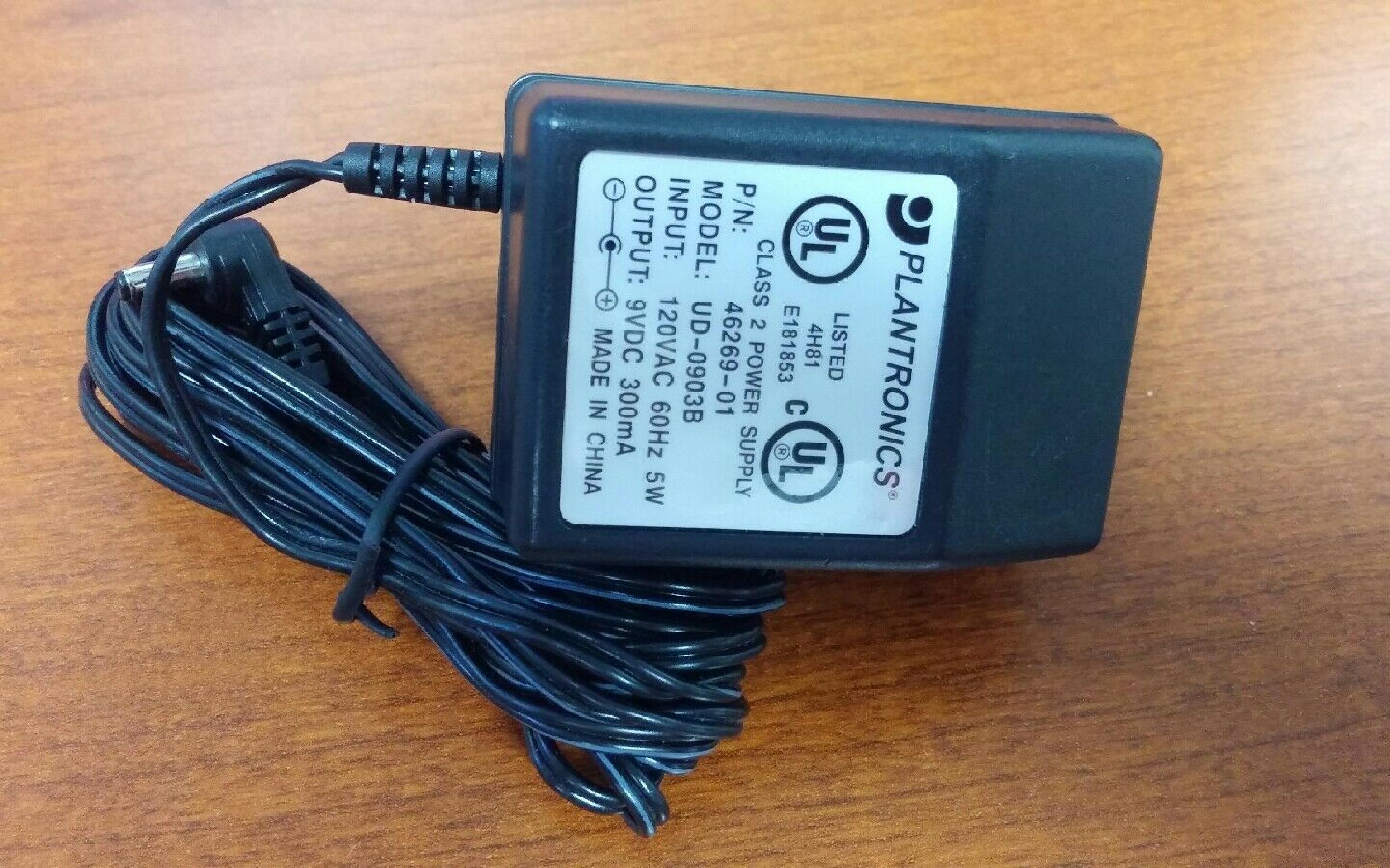 PLANTRONICS UD-0903B AC ADAPTER 9VDC 300MA, 12FT CABLE WITH BARREL CONNECTOR, OD:3.8MM, ID:1.3MM, WALL STYLE