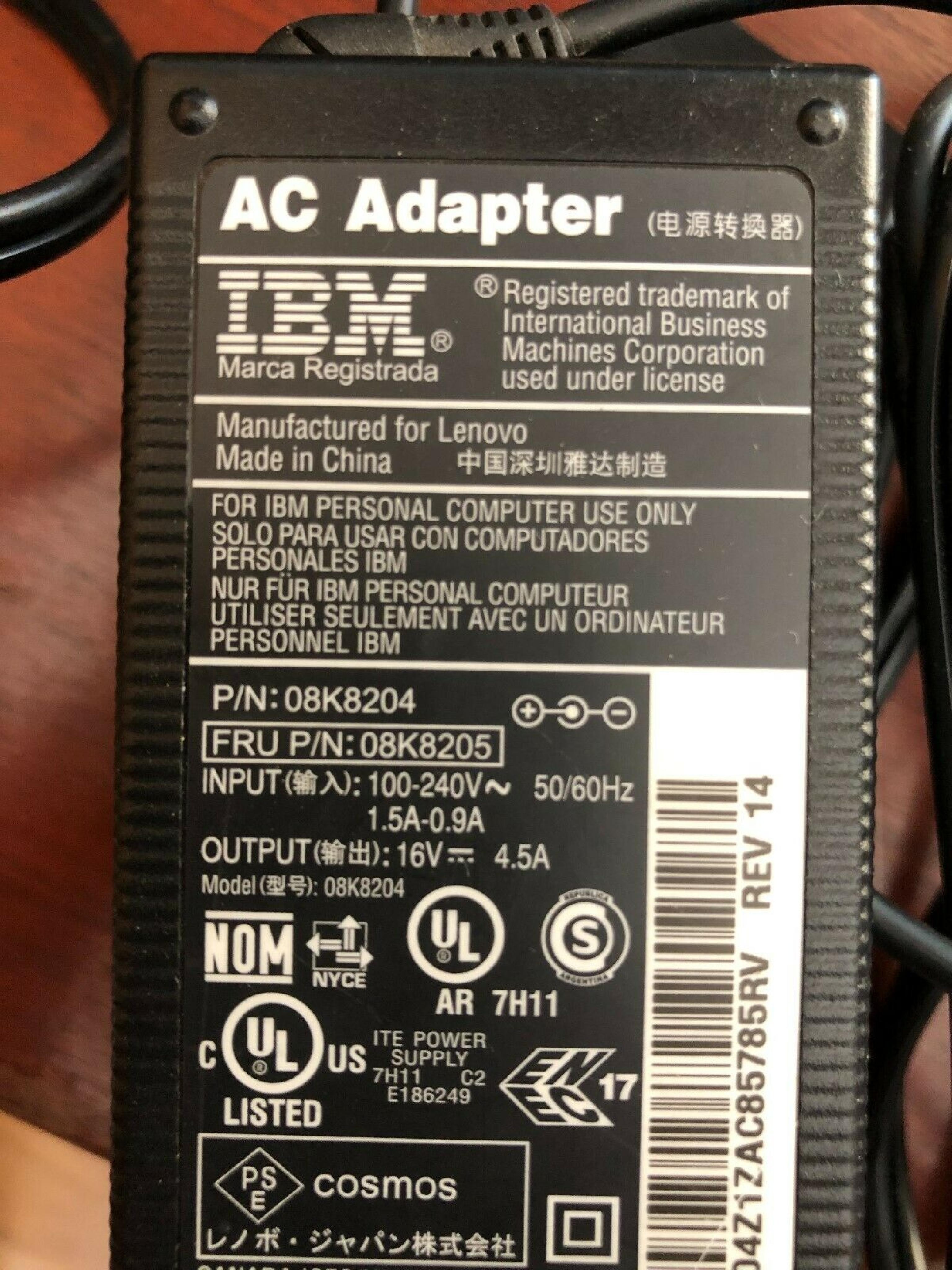 IBM 08K8204 AC ADAPTER, 16VDC 4.5A, 6FT CABLE WITH BARREL CONNECTOR, OD:5.4MM, ID:2.5MM, DESKTOP STYLE ADAPTER STYLE, NEGATIVE OUTSIDE POLE 16V DC 4.5A FOR LENOVO CONNECTOR