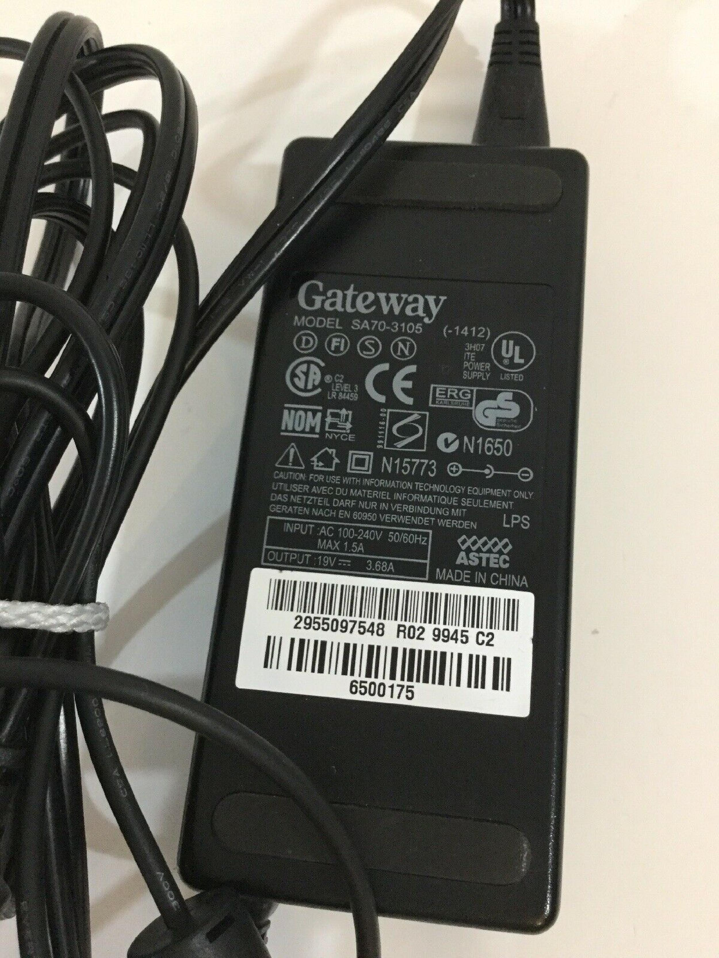 GATEWAY 2000 SA70-3105 AC ADAPTER 19VDC 3.68A, 6FT CABLE WITH BARREL CONNECTOR, OD:5.4MM, ID:2.0MM, DESKTOP STYLE, NEGATIVE OUTSIDE POLE