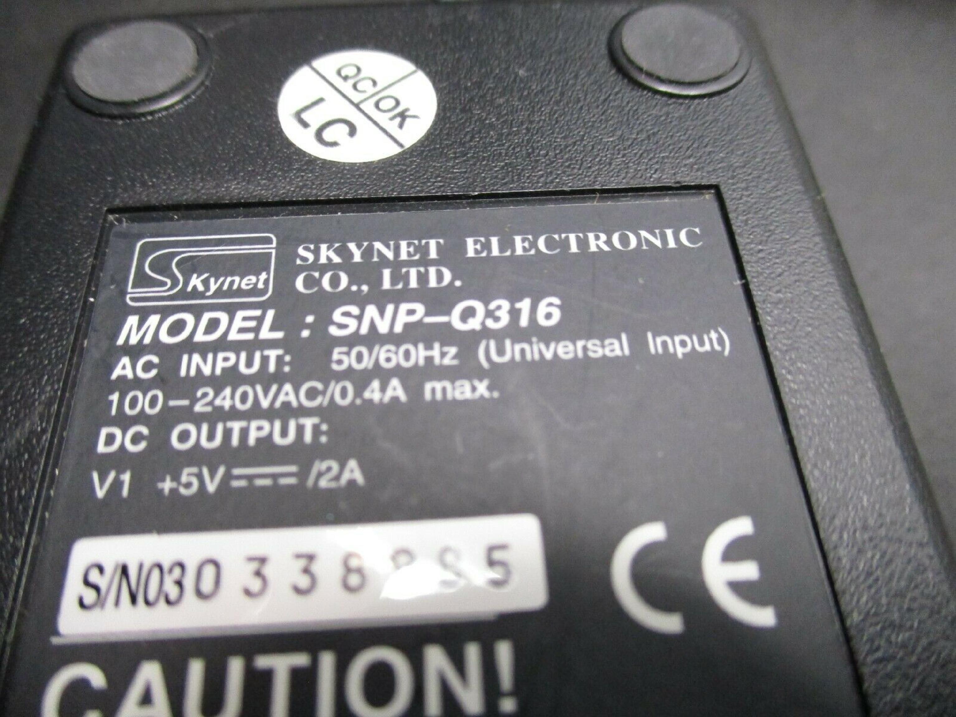 SKYNET ELECTRONICS SNP-Q316 AC ADAPTER 5VDC 2A, 6FT CABLE WITH BARREL CONNECTOR, DESKTOP STYLE, NEGATIVE OUTSIDE POLE