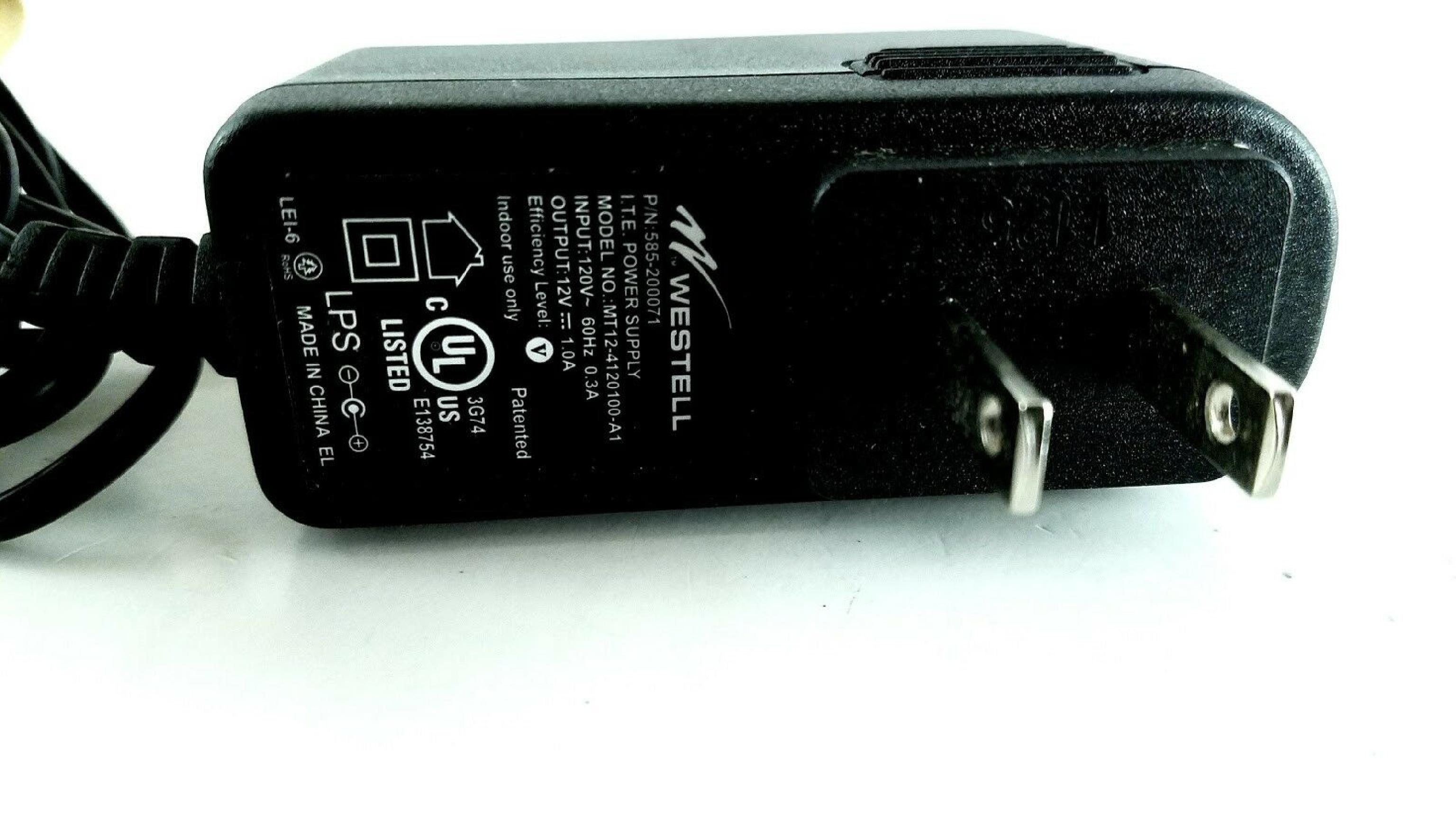 WESTELL 585-200006 AC ADAPTER 12VDC 1.0A, 6FT WITH BARREL CONNECTOR, OD:5.5MM, ID:2.6MM, WALL STYLE, NEGATIVE OUTSIDE POLE