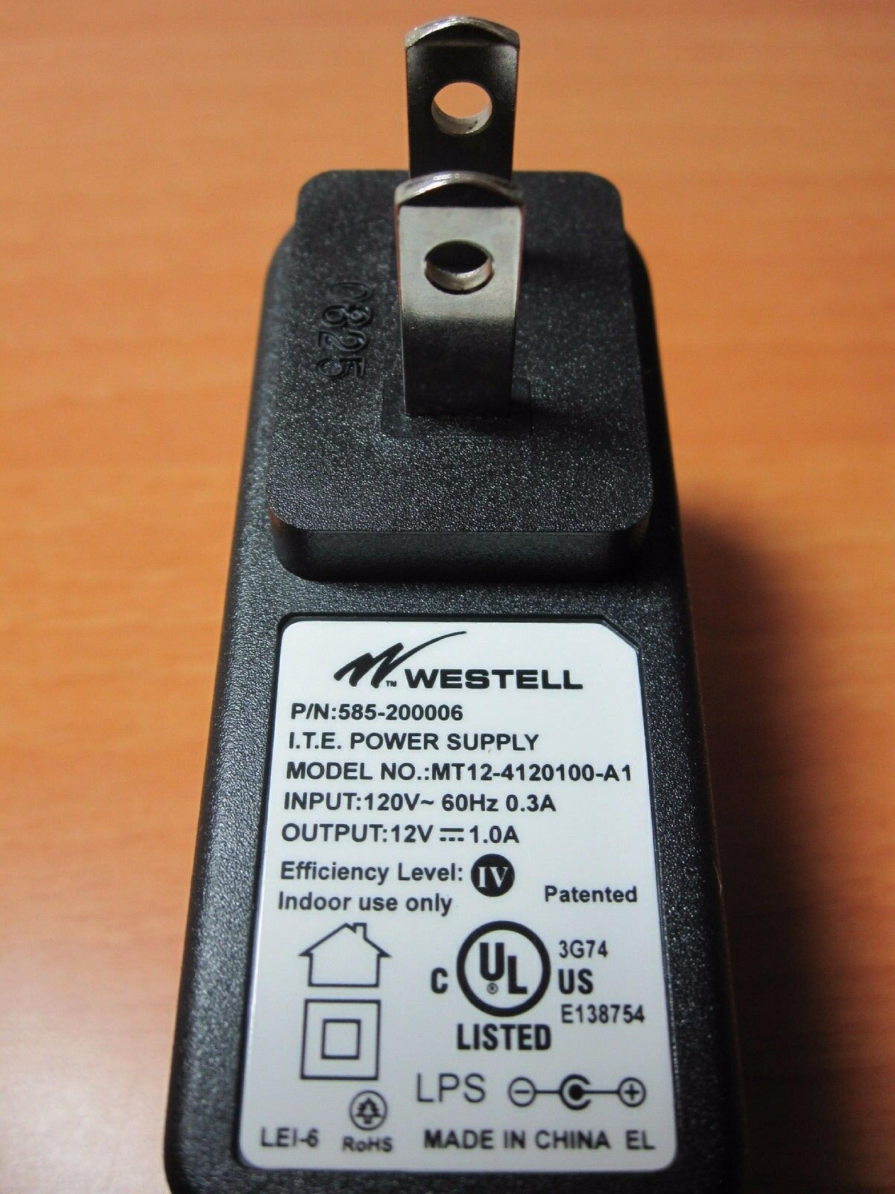 WESTELL 585-200006 AC ADAPTER 12VDC 1.0A, 6FT WITH BARREL CONNECTOR, OD:5.5MM, ID:2.6MM, WALL STYLE, NEGATIVE OUTSIDE POLE