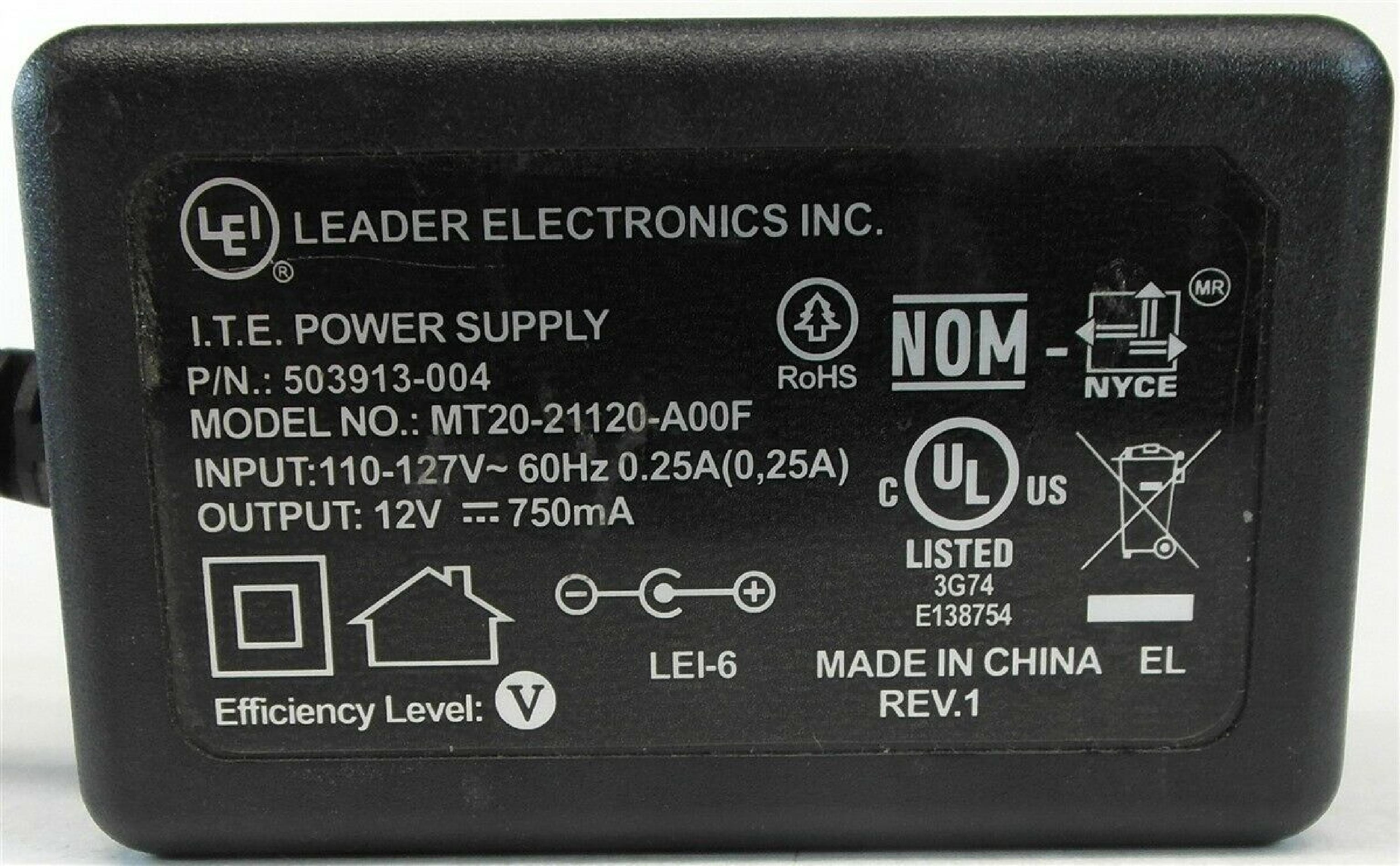 LEADER ELECTRONICS 503913-004 AC ADAPTER 12.0VDC 750MA, 6FT CABLE WITH BARREL CONNECTOR, OD:5.4MM, ID:2.6MM, WALL STYLE, NEGATIVE OUTSIDE POLE POWER SUPPLY FOR SURFBOARD MODEM