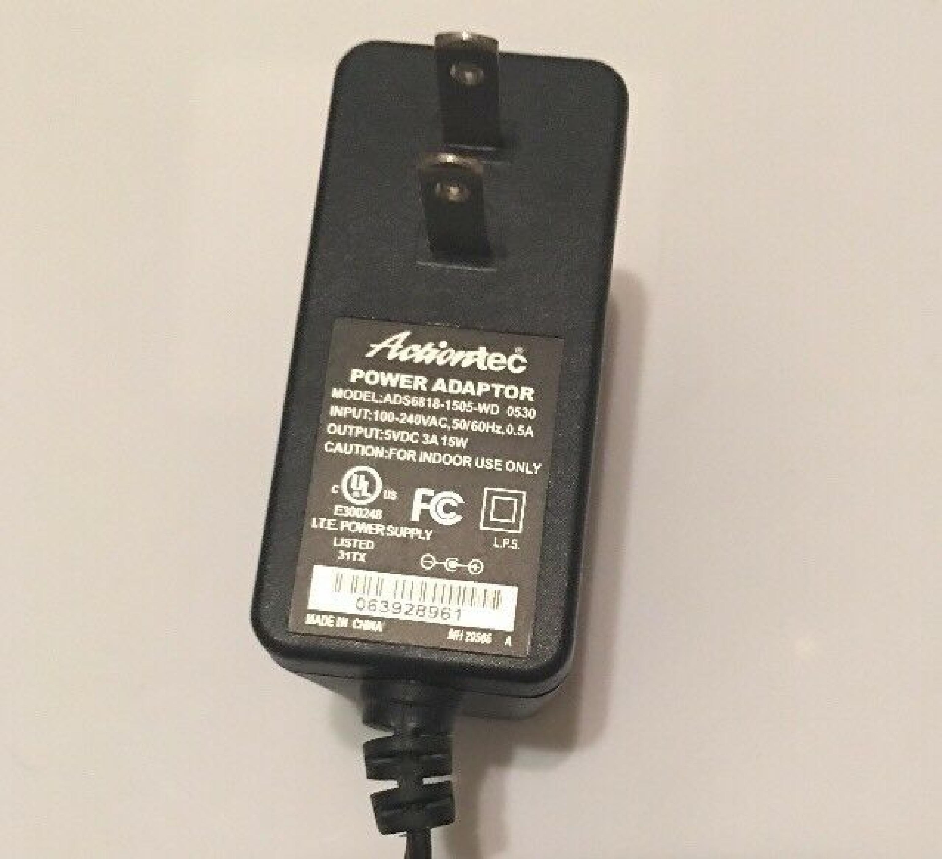 ACTIONTEC ADS6818-1505-WD AC ADAPTER 5VDC 3A 15W, 6FT CABLE WITH BARREL CONNECTOR, OD:5.5MM, ID:2.1MM, WALL STYLE, NEGATIVE OUTSIDE POLE