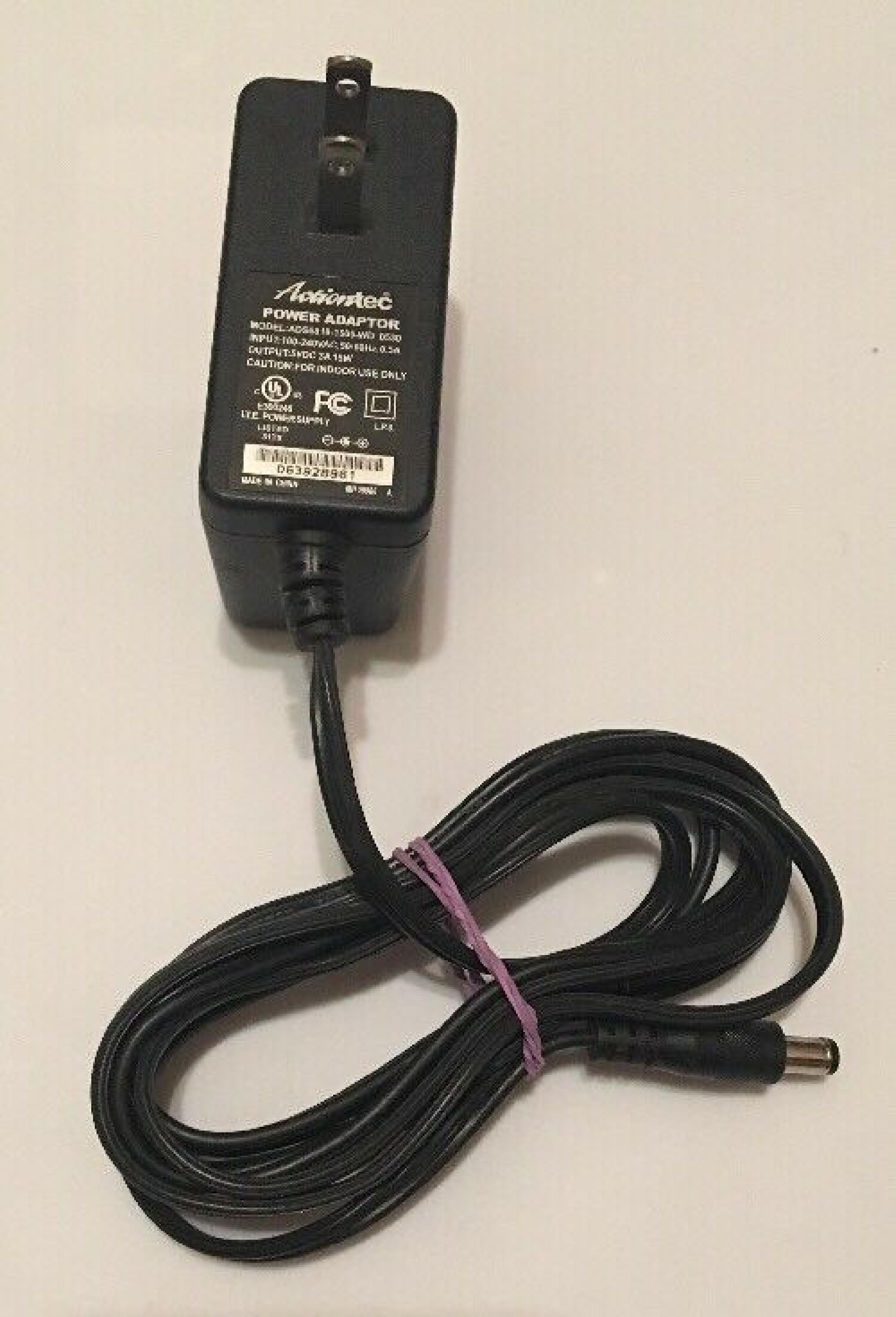 ACTIONTEC ADS6818-1505-WD AC ADAPTER 5VDC 3A 15W, 6FT CABLE WITH BARREL CONNECTOR, OD:5.5MM, ID:2.1MM, WALL STYLE, NEGATIVE OUTSIDE POLE