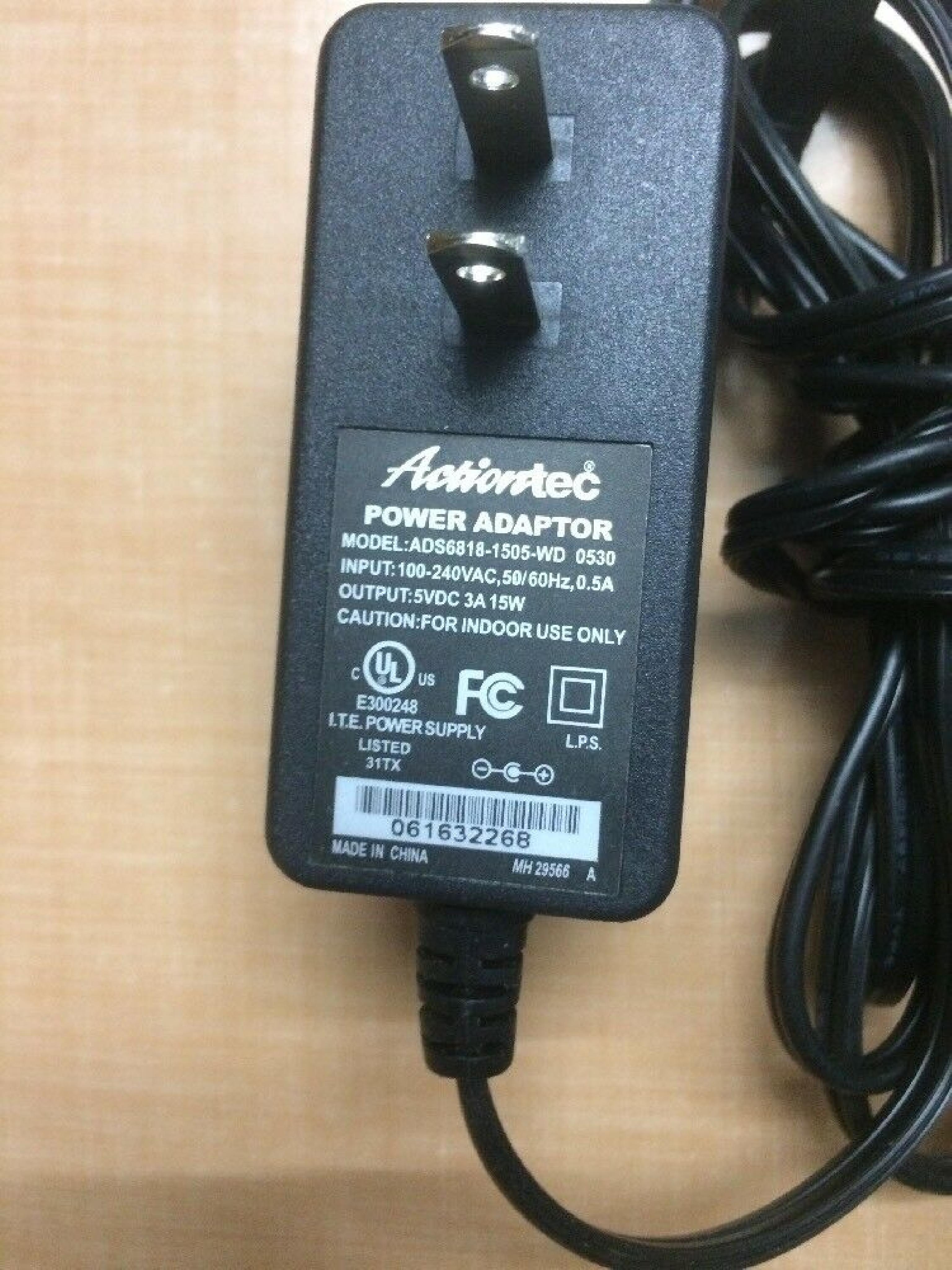 ACTIONTEC ADS6818-1505-WD AC ADAPTER 5VDC 3A 15W, 6FT CABLE WITH BARREL CONNECTOR, OD:5.5MM, ID:2.1MM, WALL STYLE, NEGATIVE OUTSIDE POLE