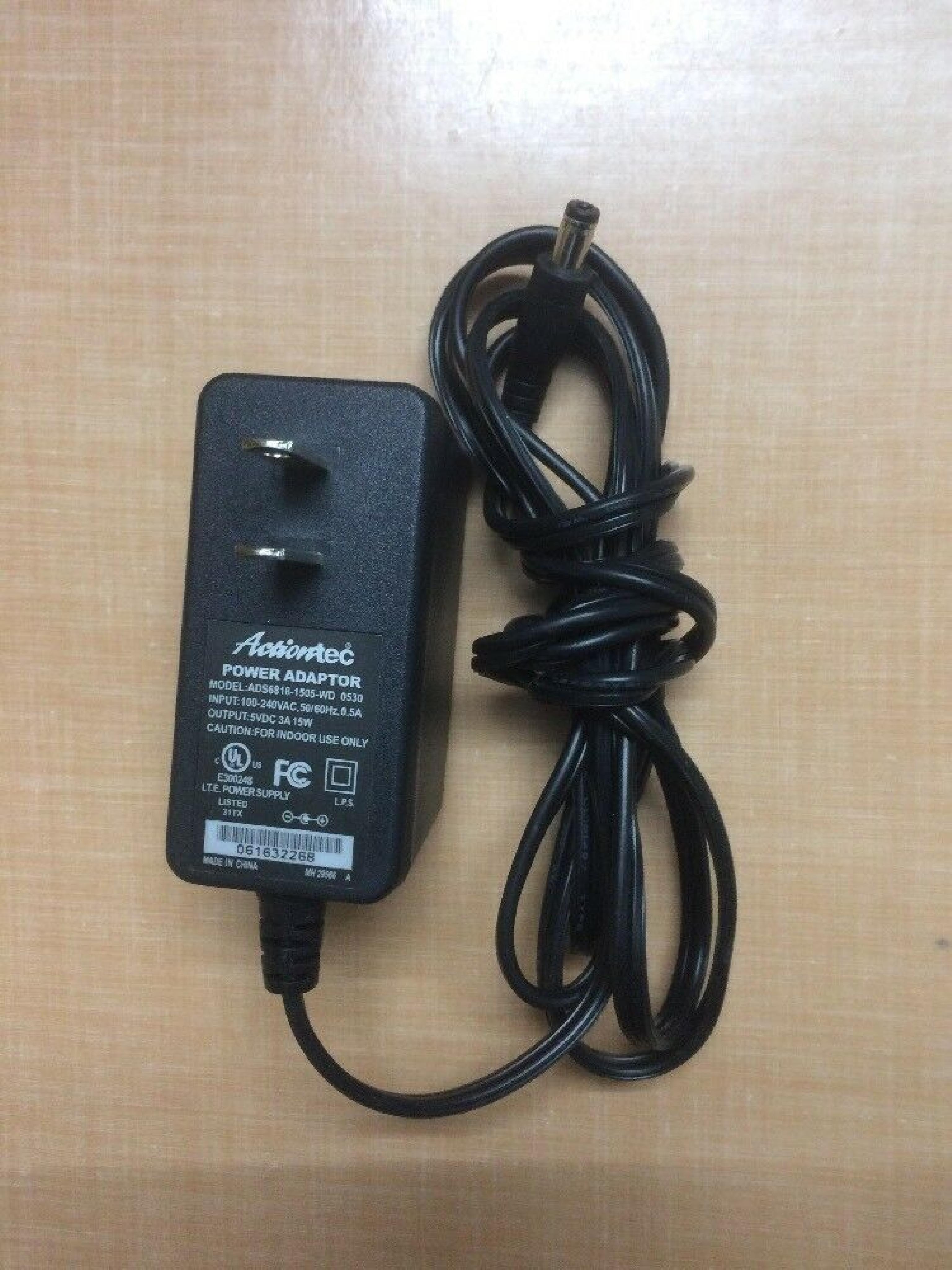 ACTIONTEC ADS6818-1505-WD AC ADAPTER 5VDC 3A 15W, 6FT CABLE WITH BARREL CONNECTOR, OD:5.5MM, ID:2.1MM, WALL STYLE, NEGATIVE OUTSIDE POLE