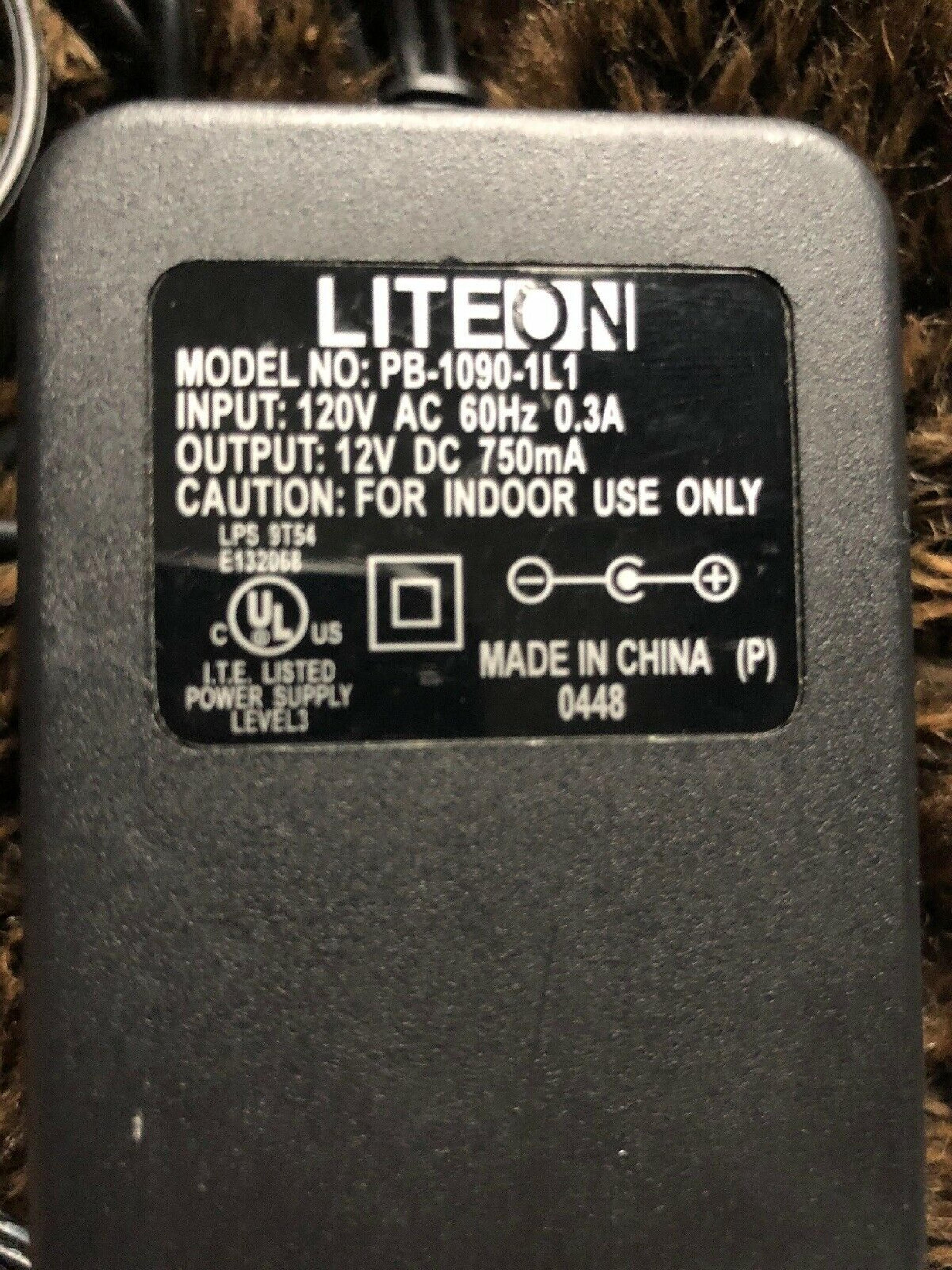 LITEON PB-1090-1L1 AC ADAPTER 12VDC 750MA, 6FT CABLE WITH BARREL CONNECTOR, OD:5.3MM, ID:2.4MM, DESKTOP STYLE, NEGATIVE OUTSIDE POLE