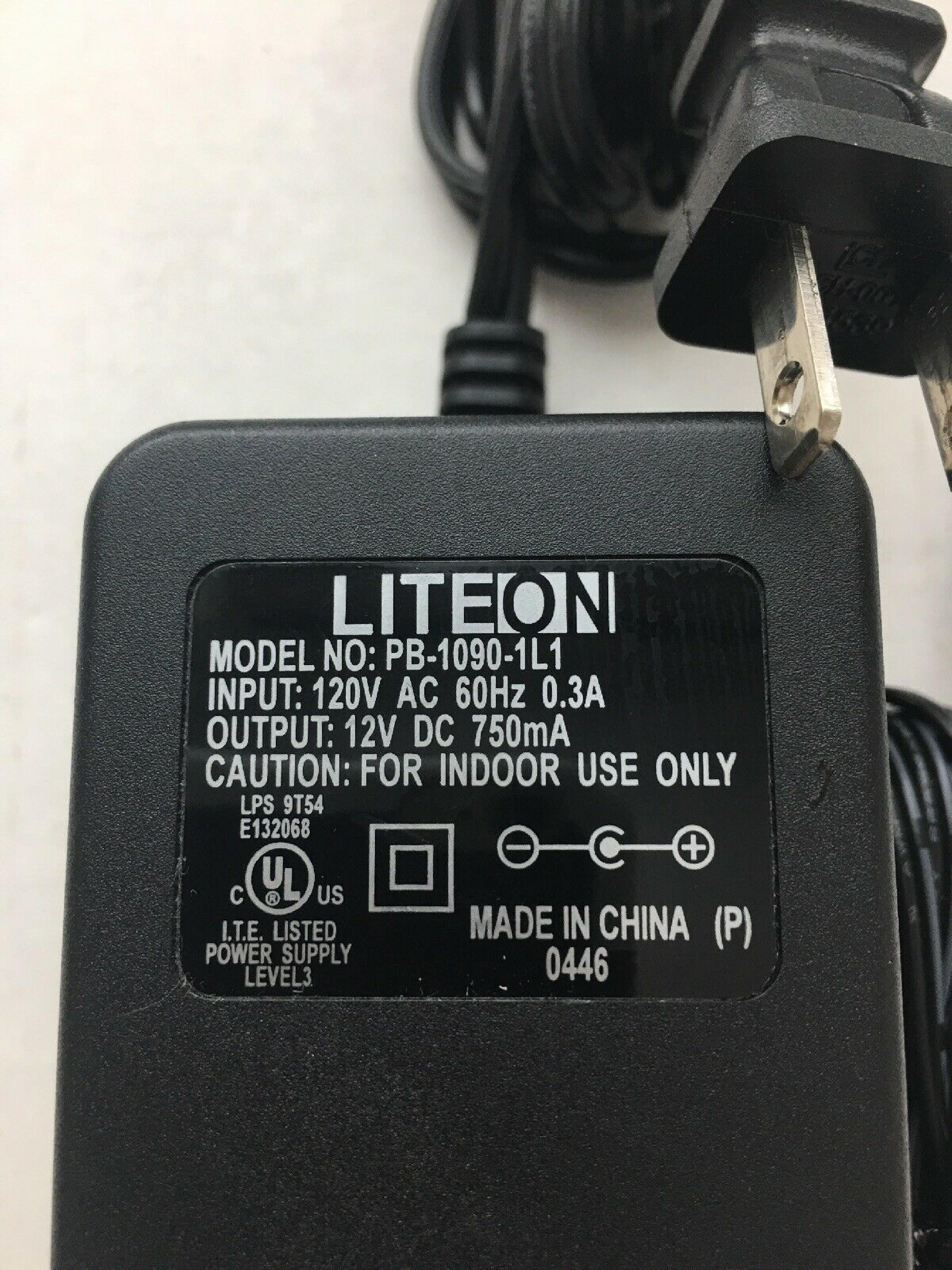 LITEON PB-1090-1L1 AC ADAPTER 12VDC 750MA, 6FT CABLE WITH BARREL CONNECTOR, OD:5.3MM, ID:2.4MM, DESKTOP STYLE, NEGATIVE OUTSIDE POLE