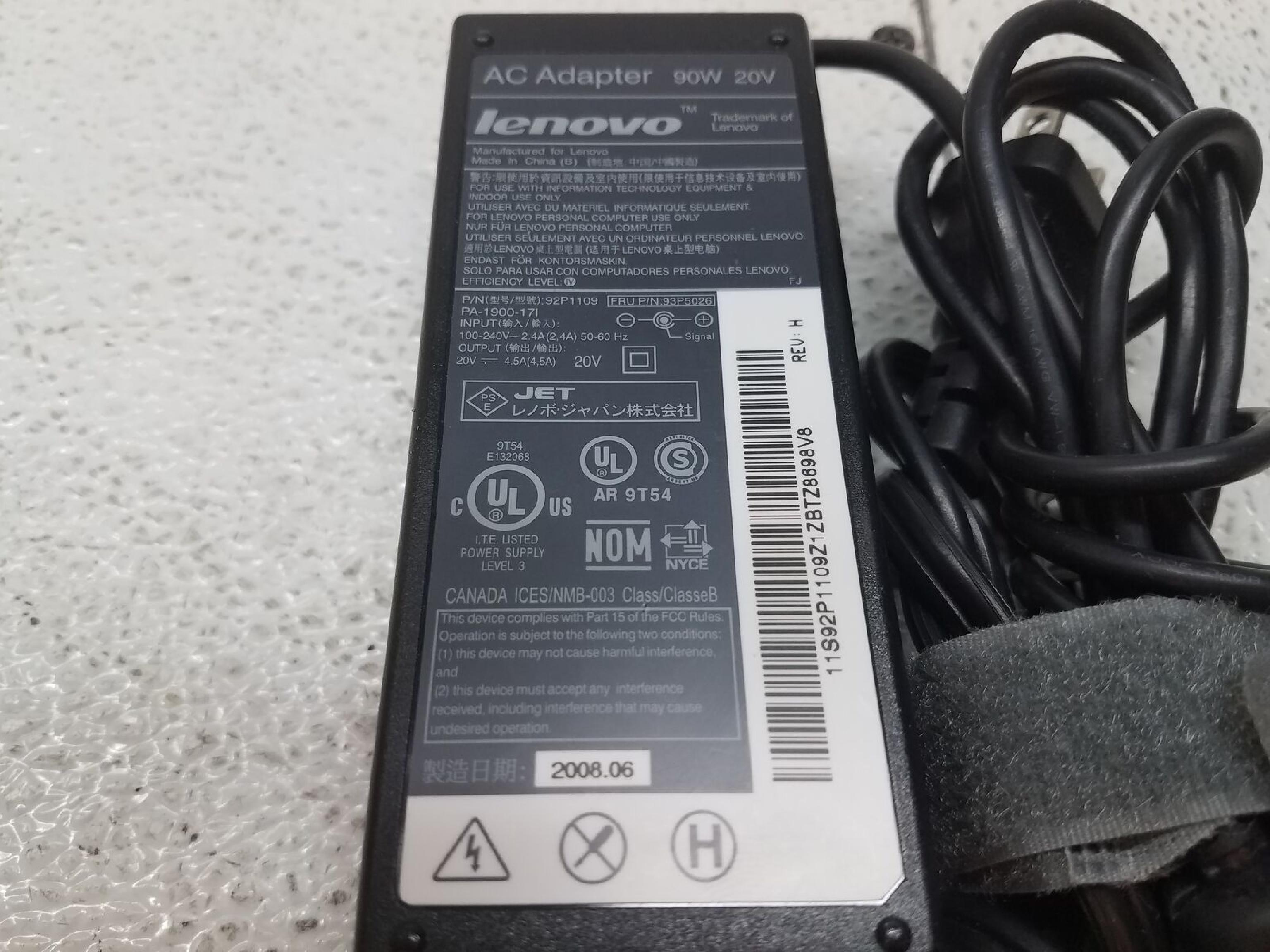 LENOVO / IBM 92P1109 AC ADAPTER 20VDC 4.5A, 6FT CABLE WITH BARREL WITH SPIKE CONNECTOR